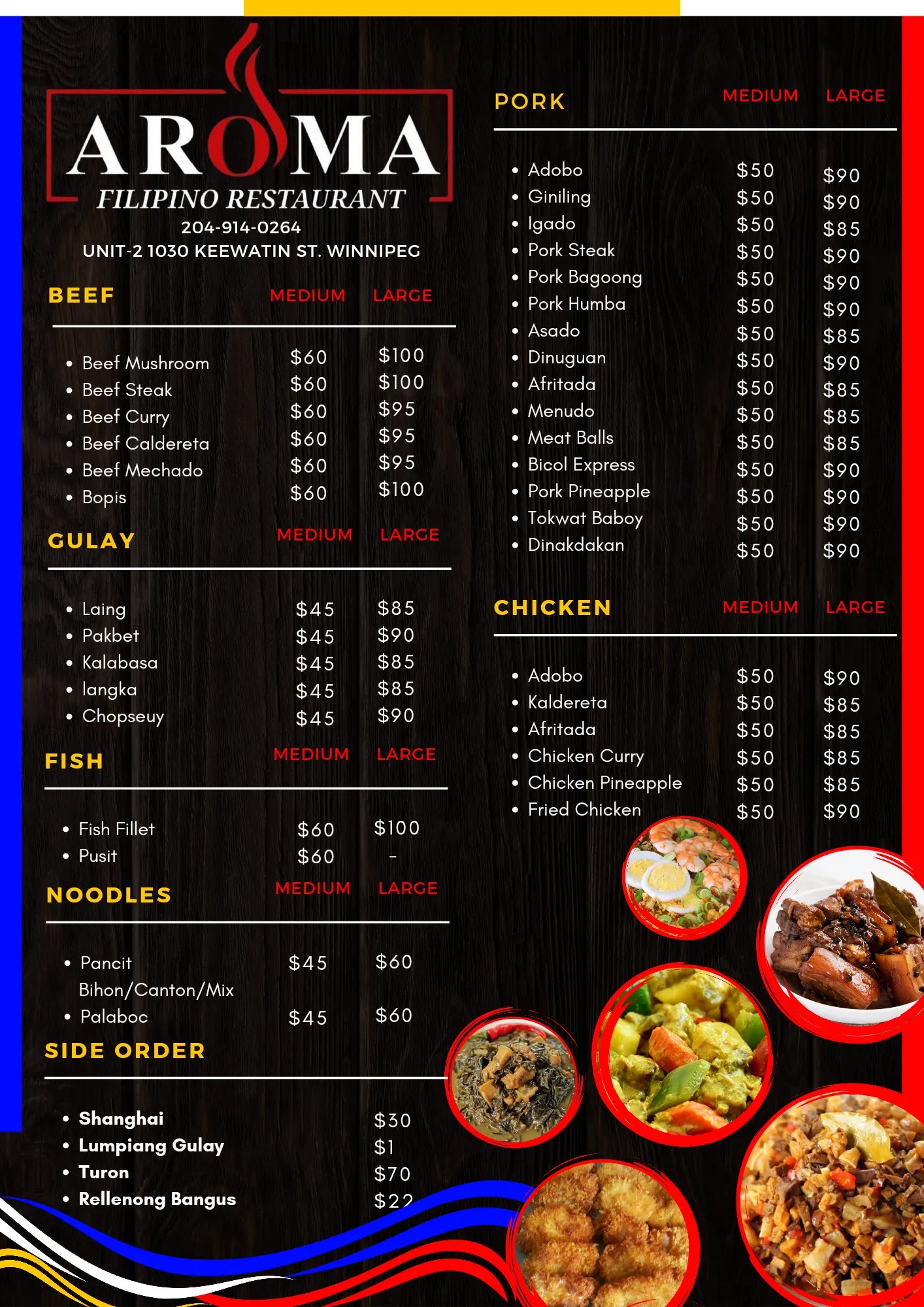 AROMA lechon manok and liempo Menu