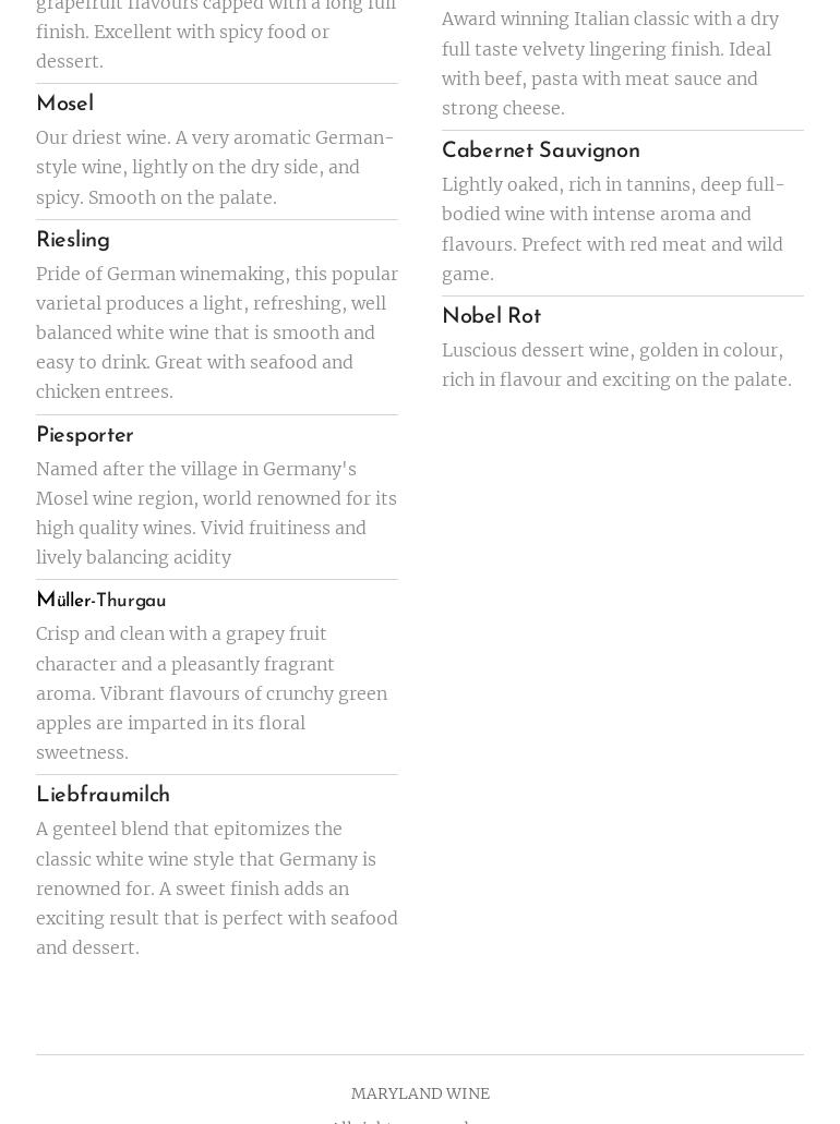 Penn Oaks Winery Menu