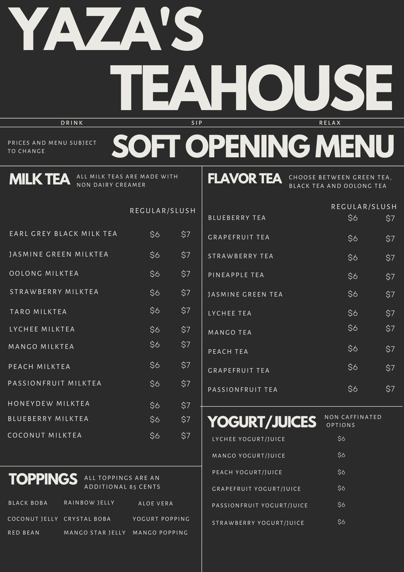Yaza's Tea House Menu