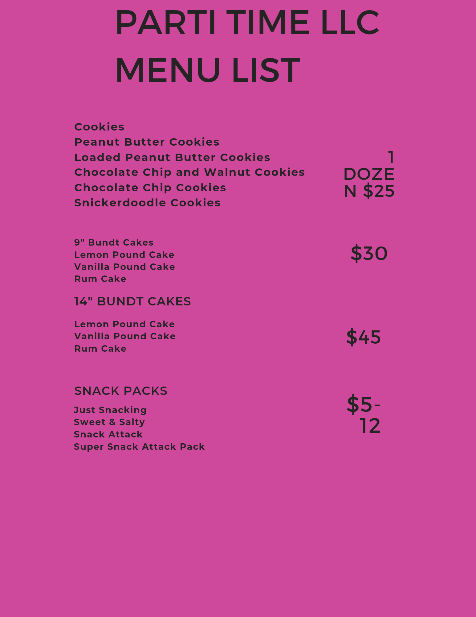 Parti Time LLC Menu