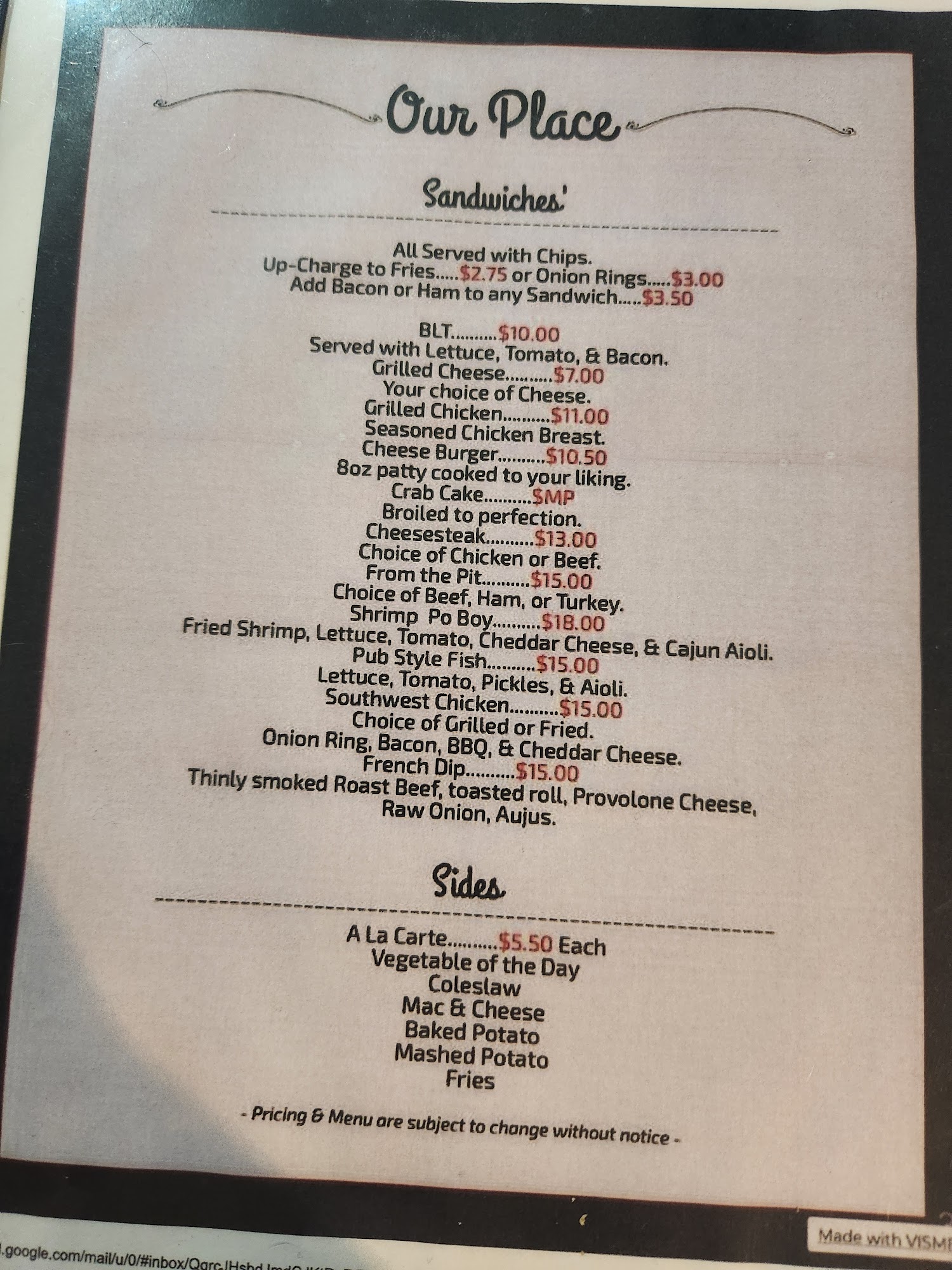 Our place at the bottom of the hill Menu