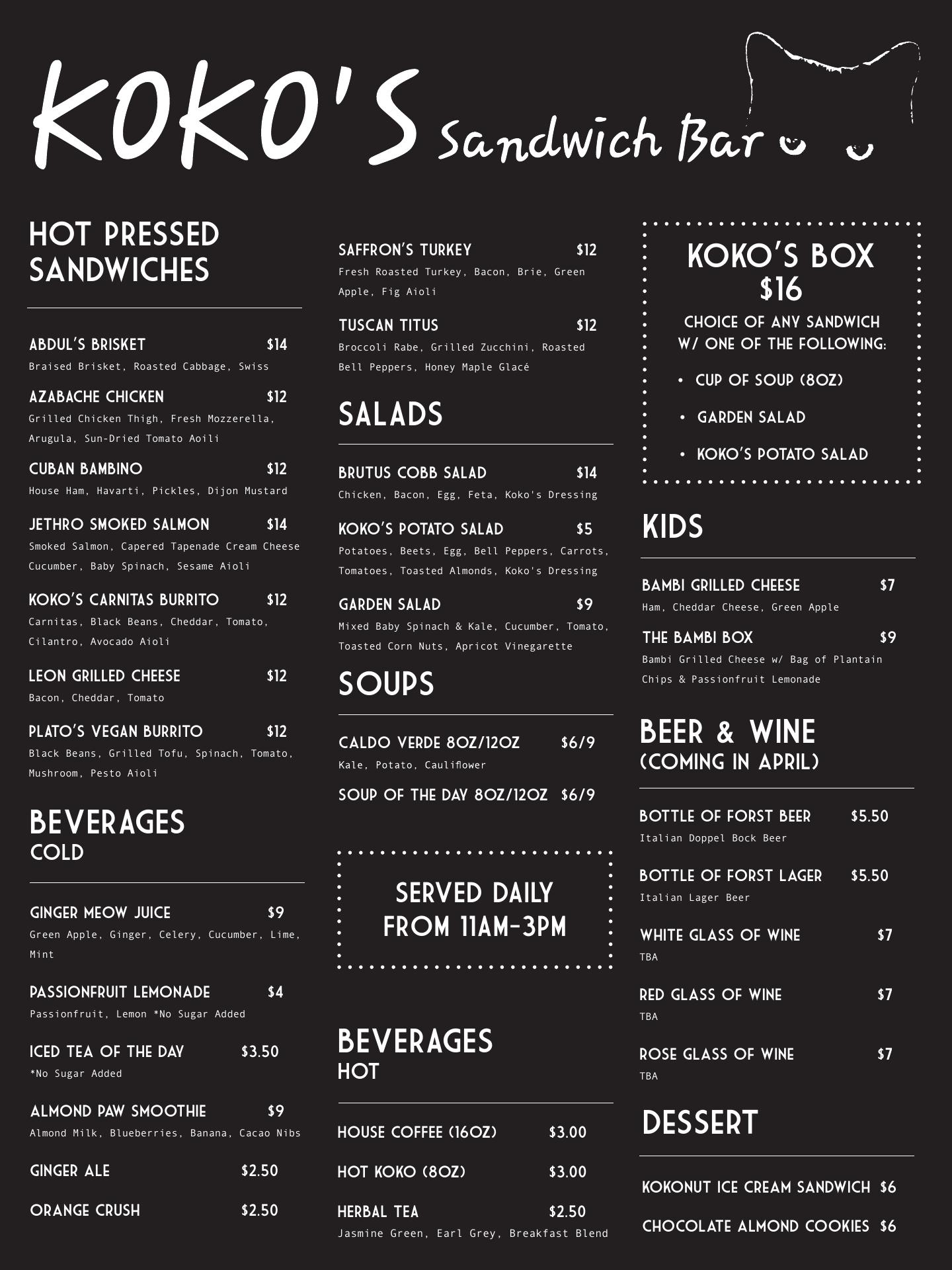 Koko’s Sandwich Bar Menu