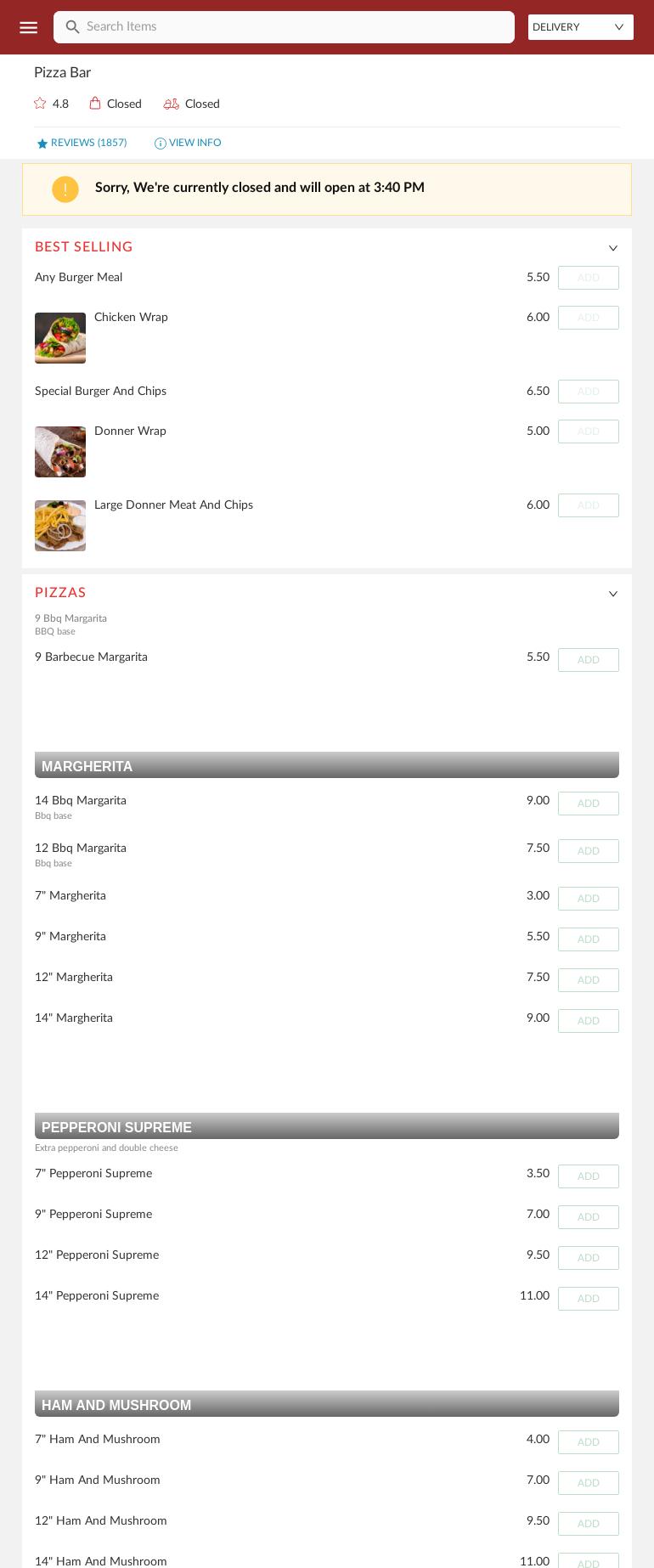 Pizza Bar Menu