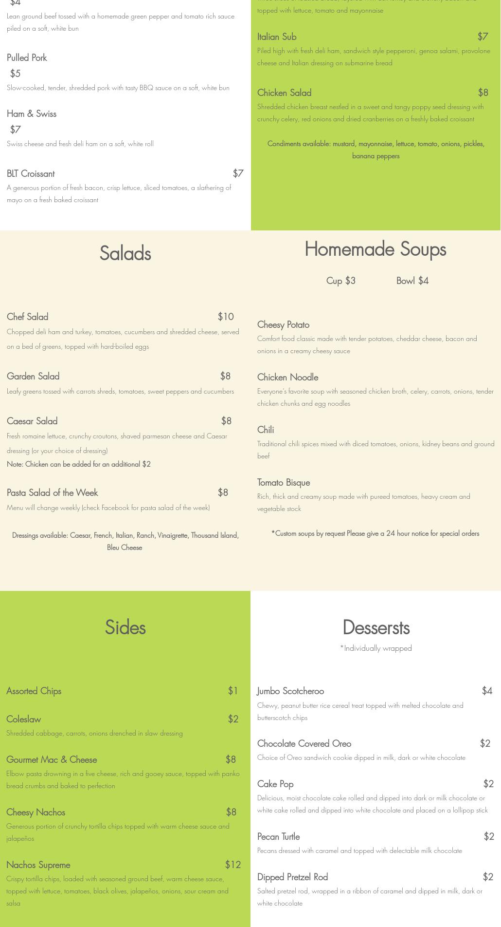 Suzy D's Gourmet Sweets Menu