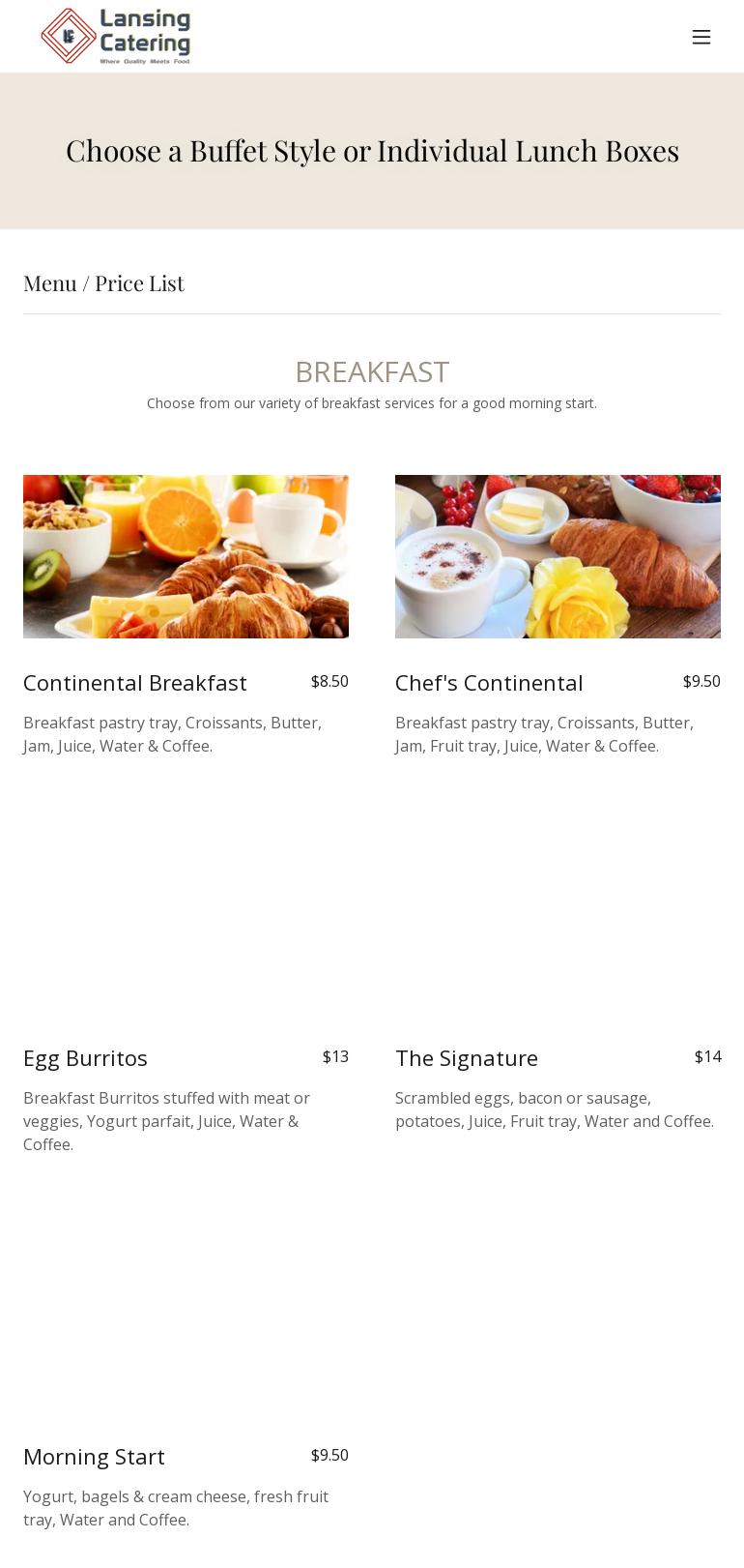 Lansing catering LLC Menu