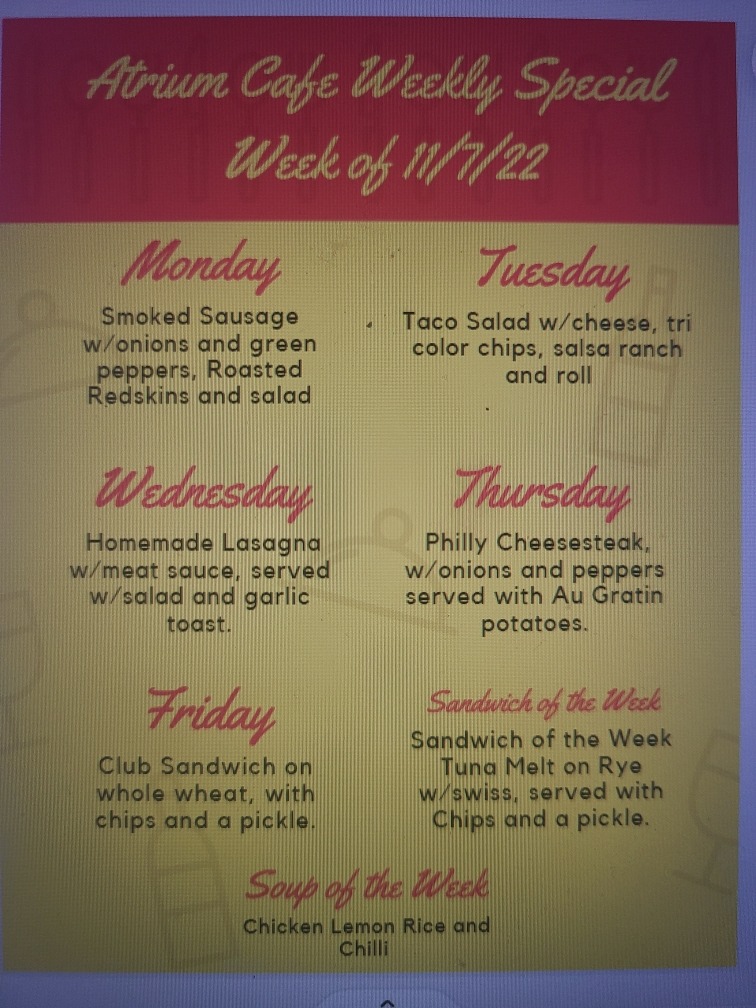 Atrium Cafe Menu