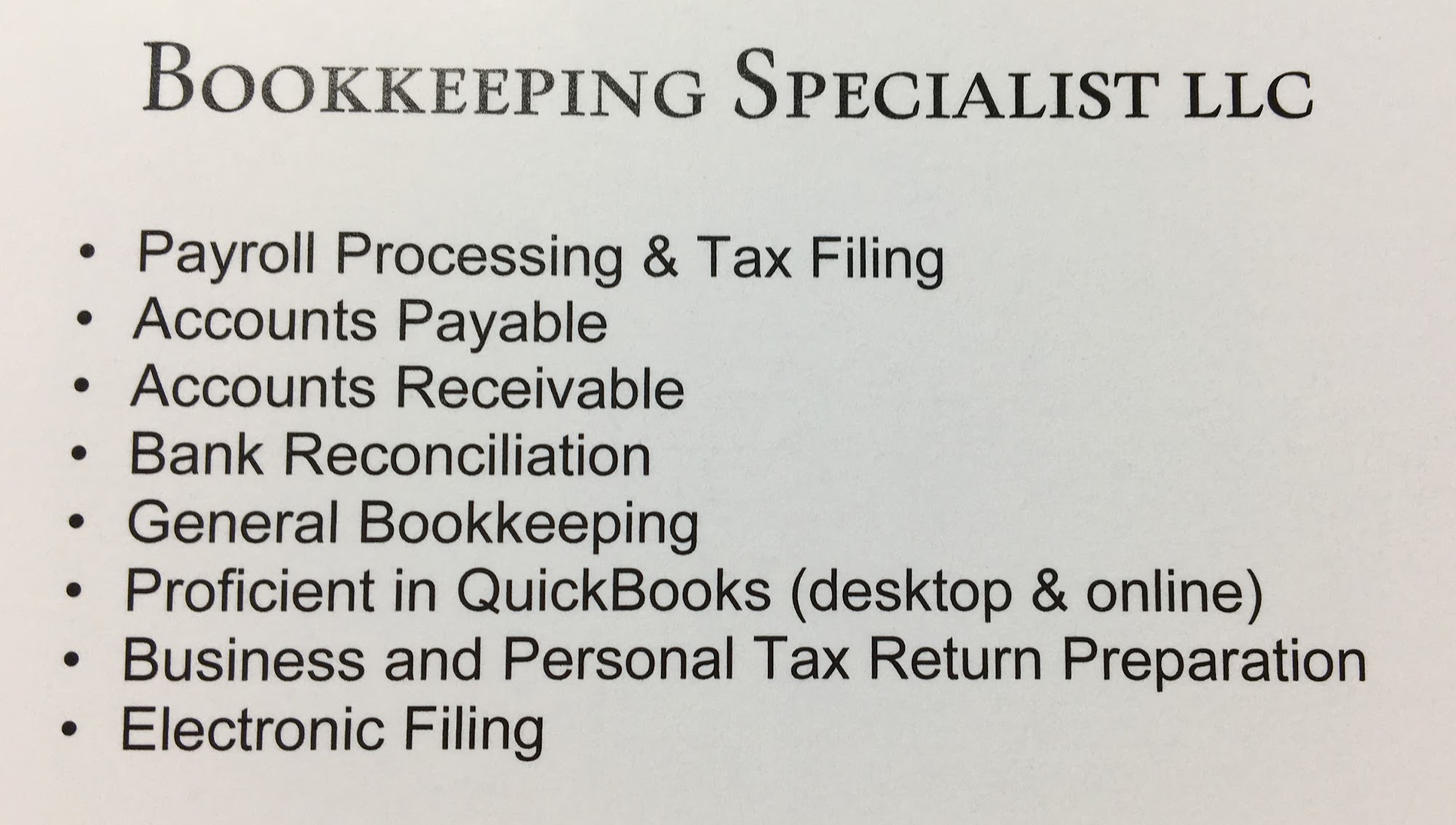Bookkeeping Specialist LLC 59191 Annah Dr, New Hudson Michigan 48165