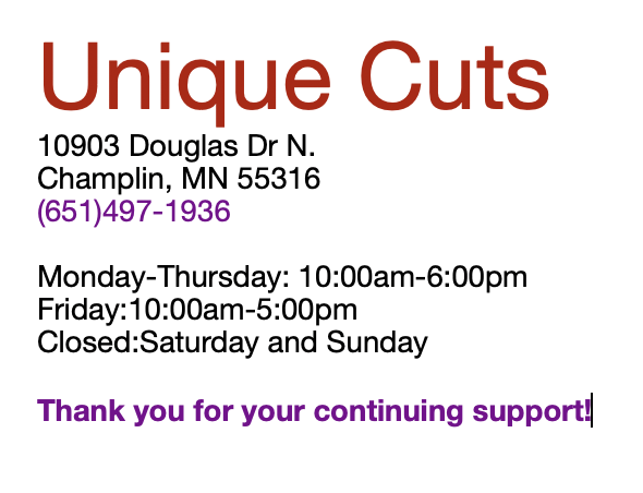 Unique Cuts 10903 Douglas Dr N, Champlin Minnesota 55316