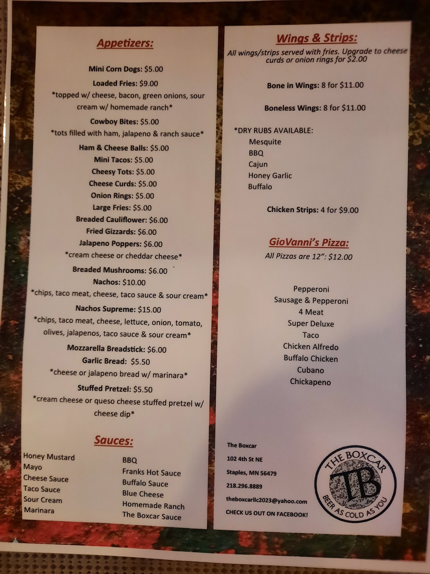 The boxcar Menu