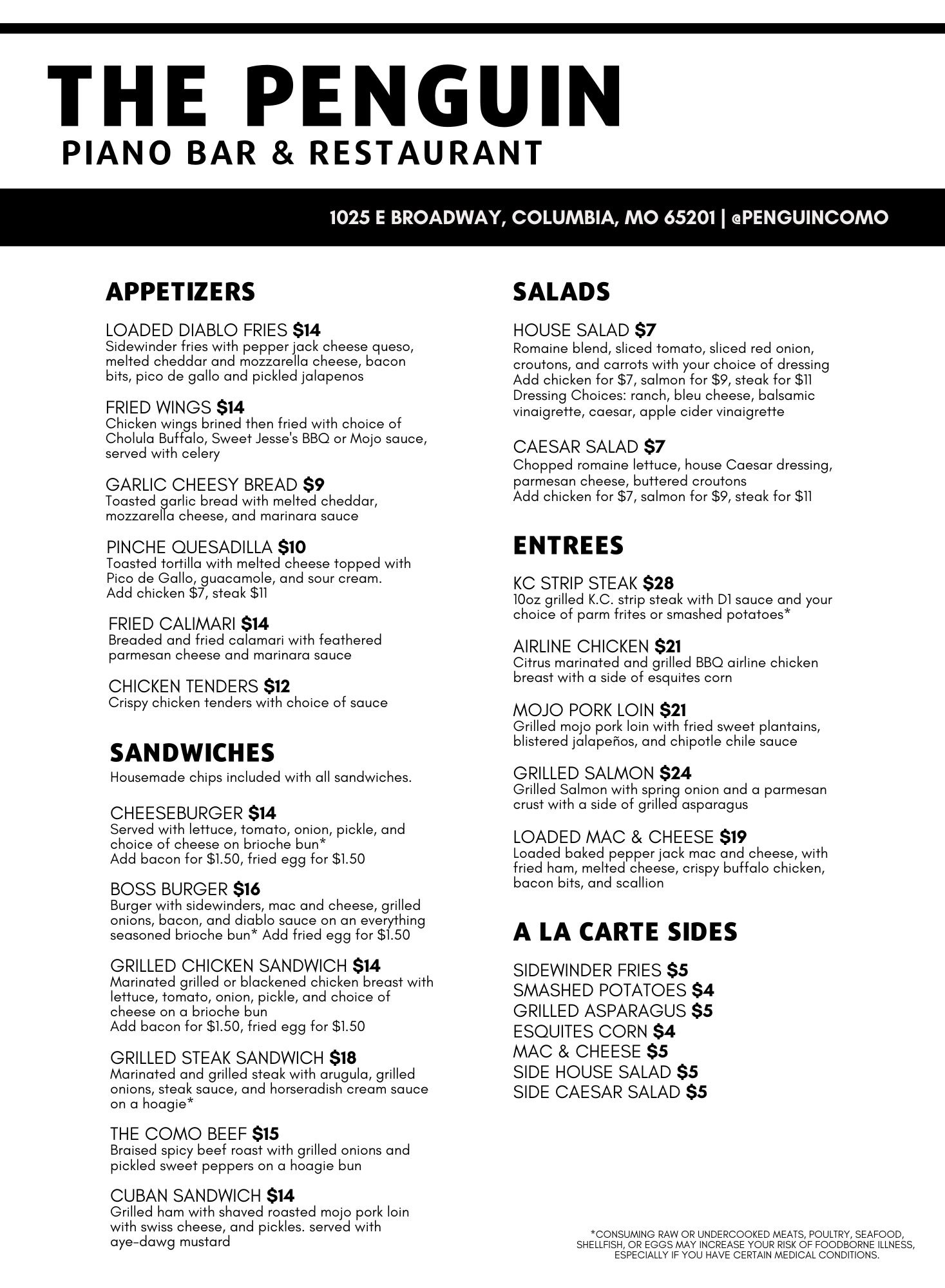 The Penguin Piano Bar & Restaurant Menu