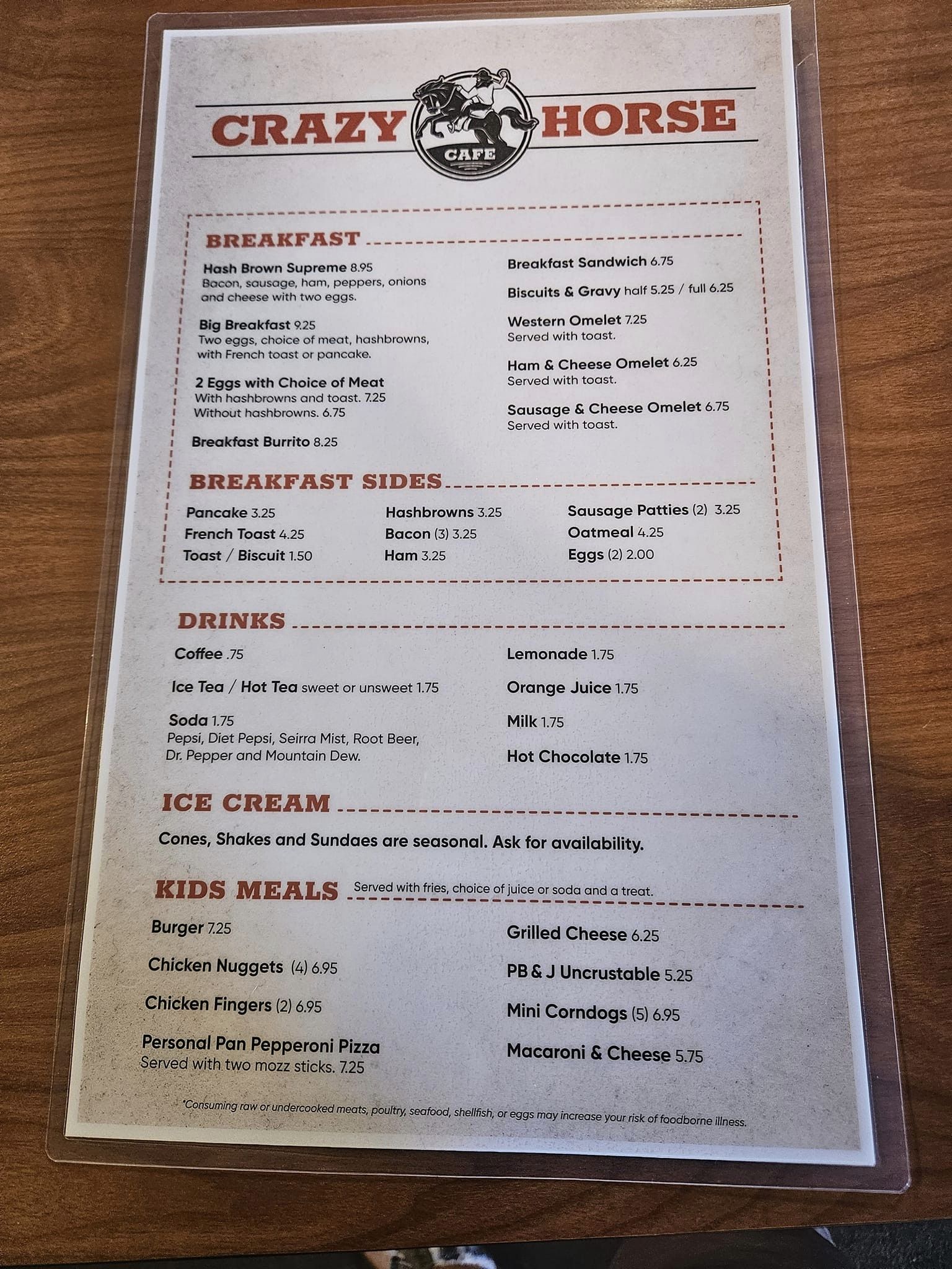 Crazy Horse Cafe Menu