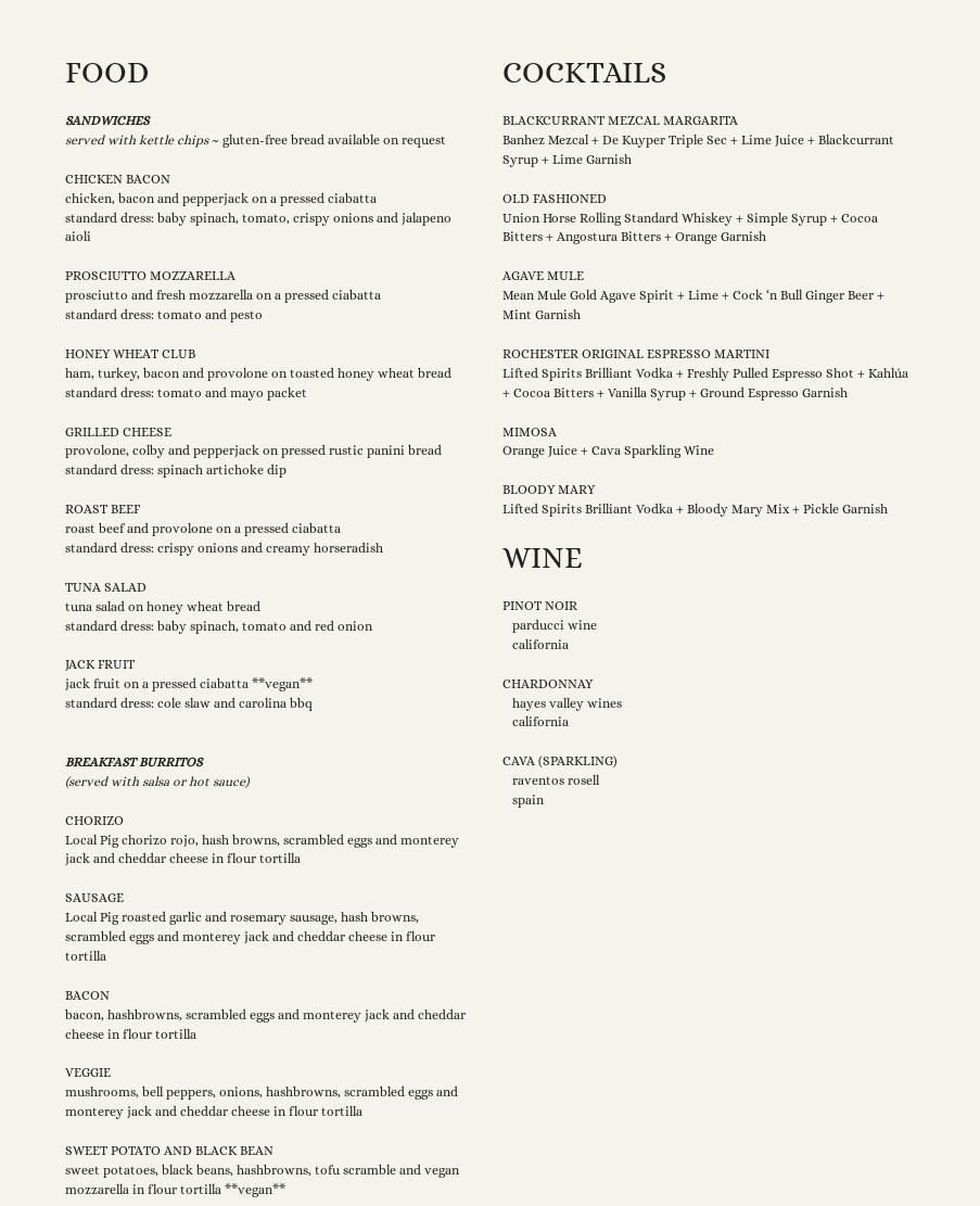 Rochester Brewing and Roasting Company Menu