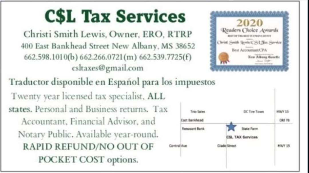 CSL Tax Services 795 Old Hwy 15, Ecru Mississippi 38841
