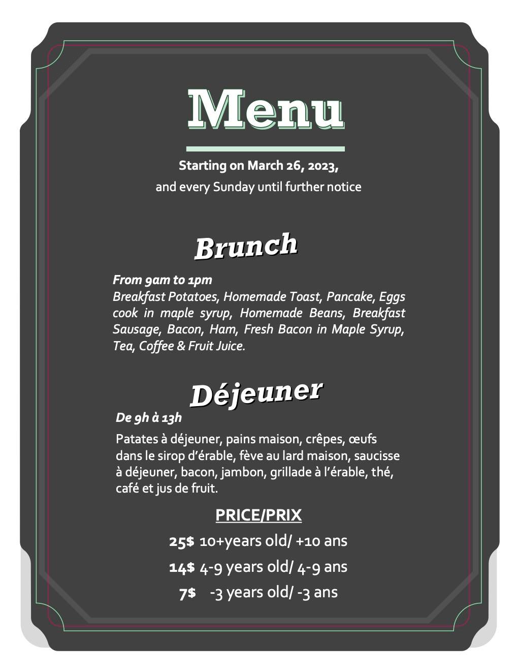 Cabane à sucre Gabi et frères Sugar shack Menu