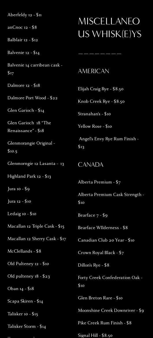 Antlers Whiskey Lounge Menu