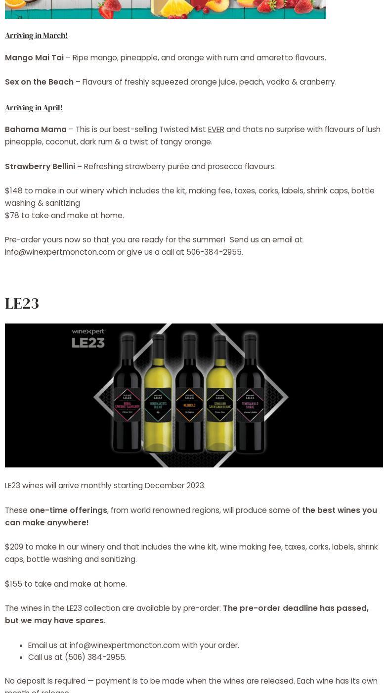 Winexpert Moncton Menu