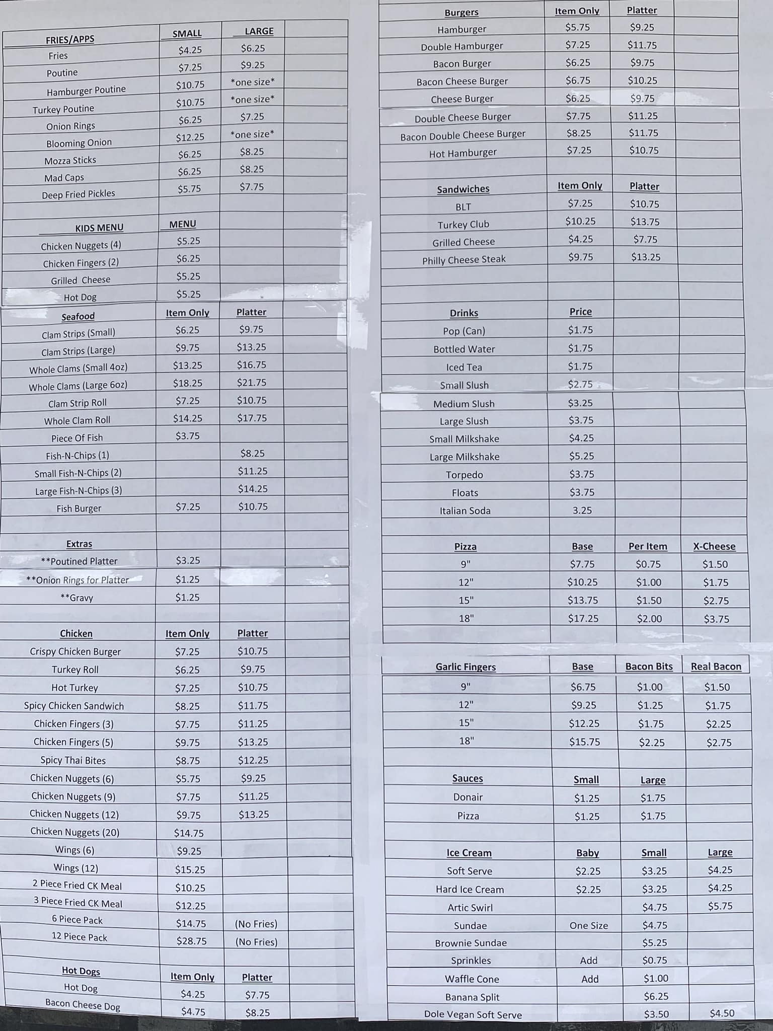 Carolyn's Dairy Bar Menu