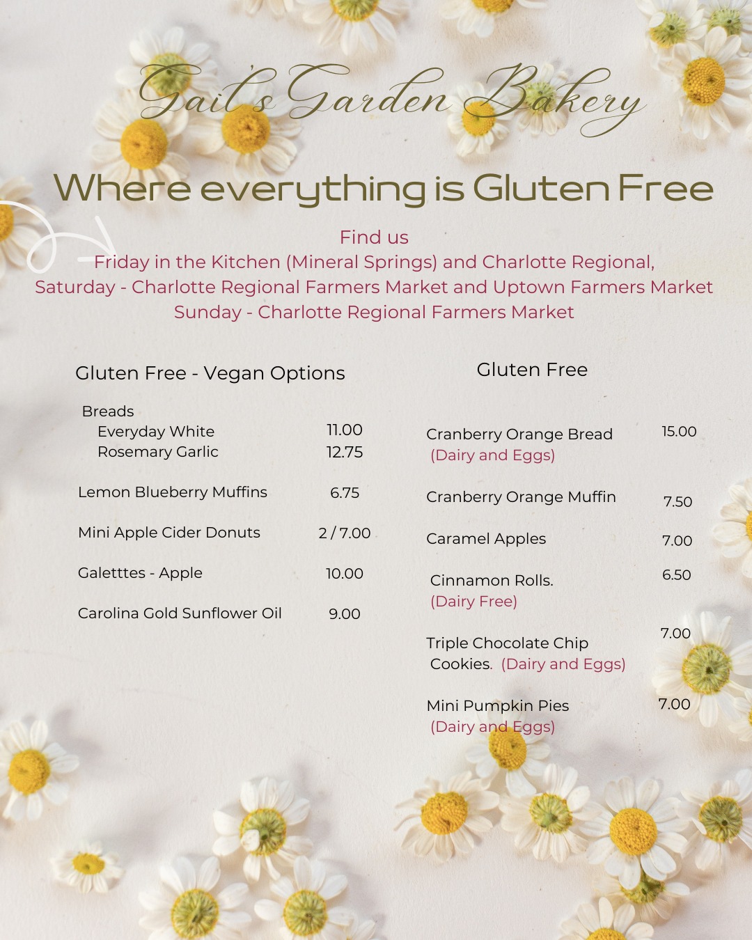 Gail's Garden & Bakery, LLC Menu
