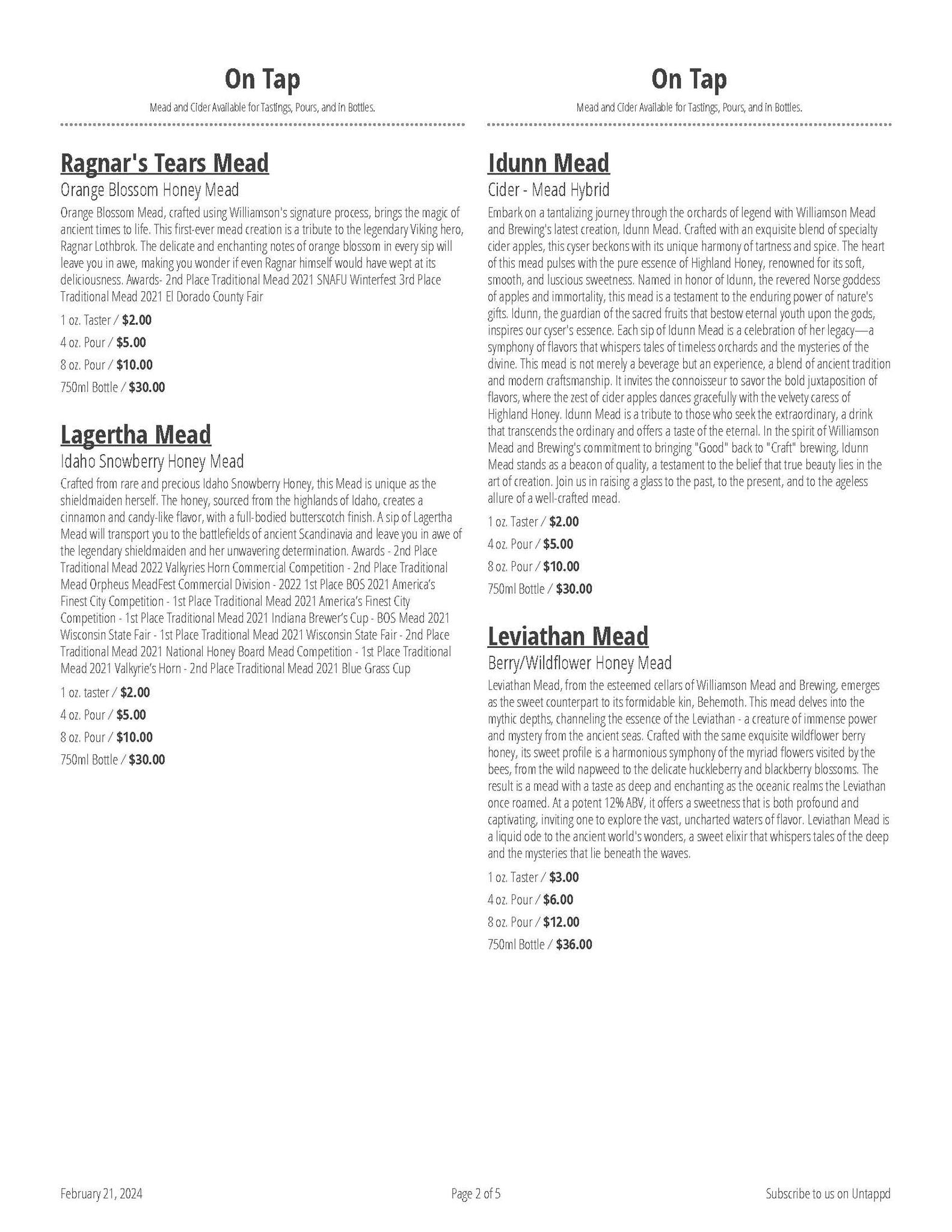 Williamson Mead and Brewing Menu