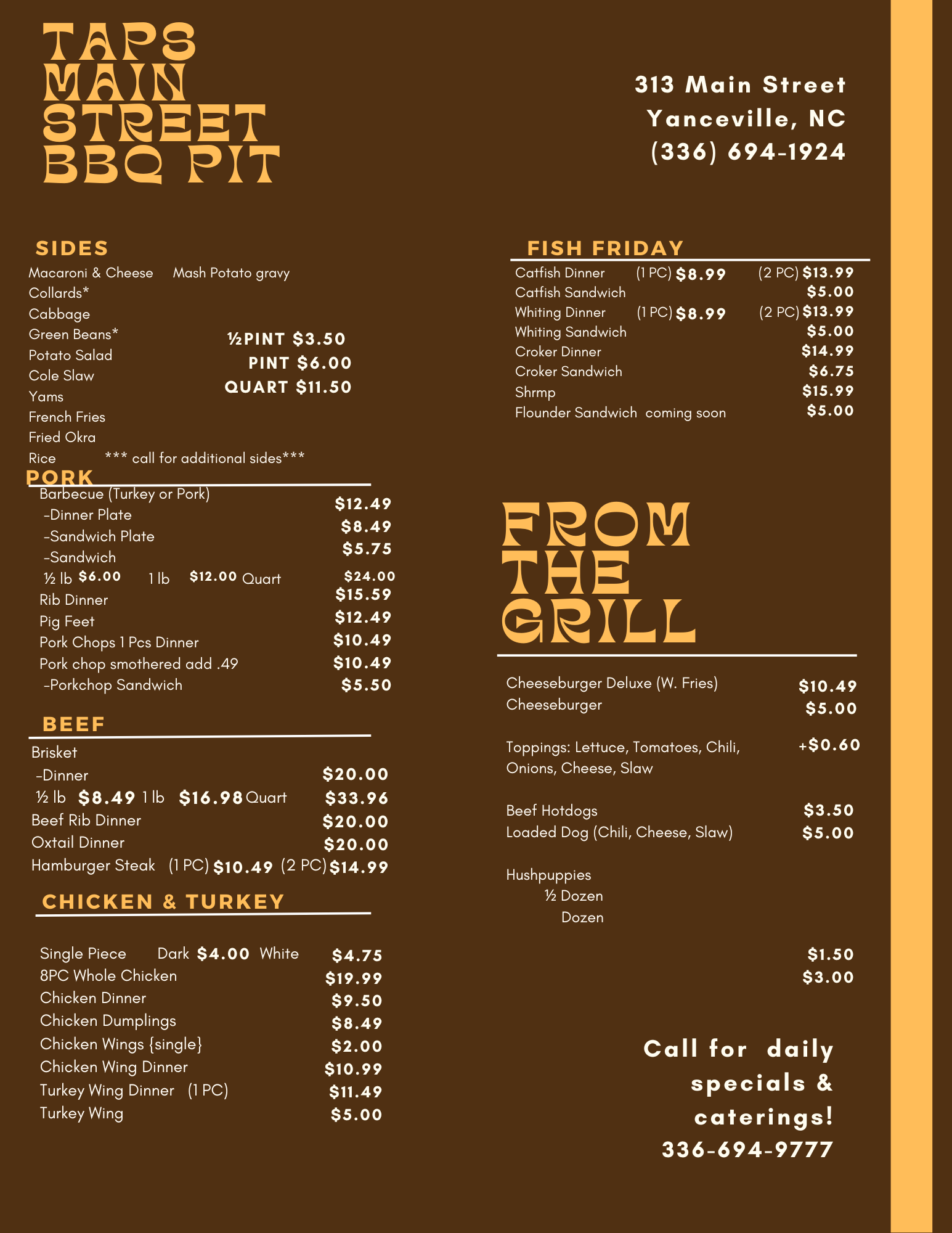 Taps Main Street Barbecue Pit Menu