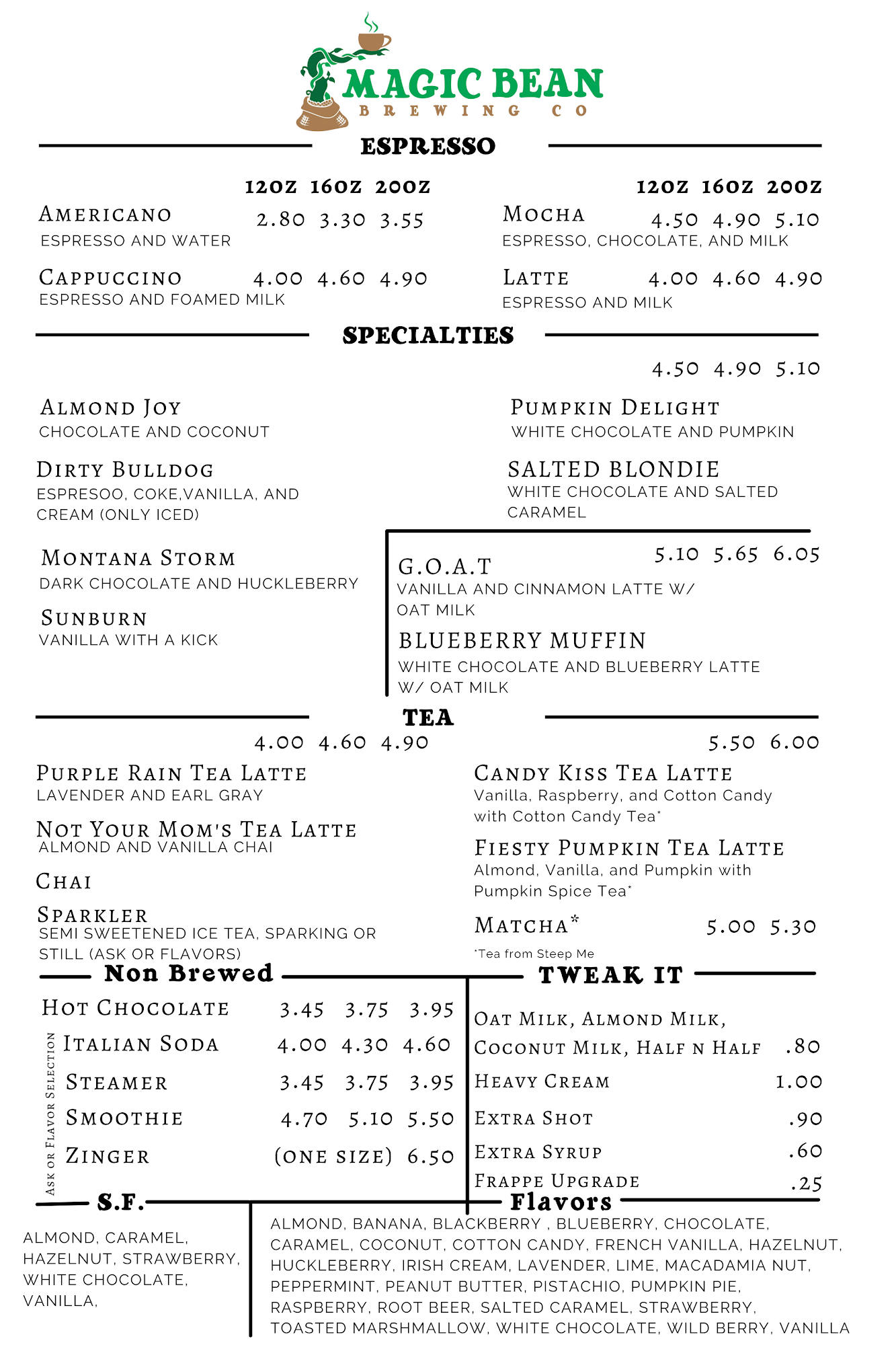 Magic Bean Brewing Co- Roasterie and Kiosk Menu