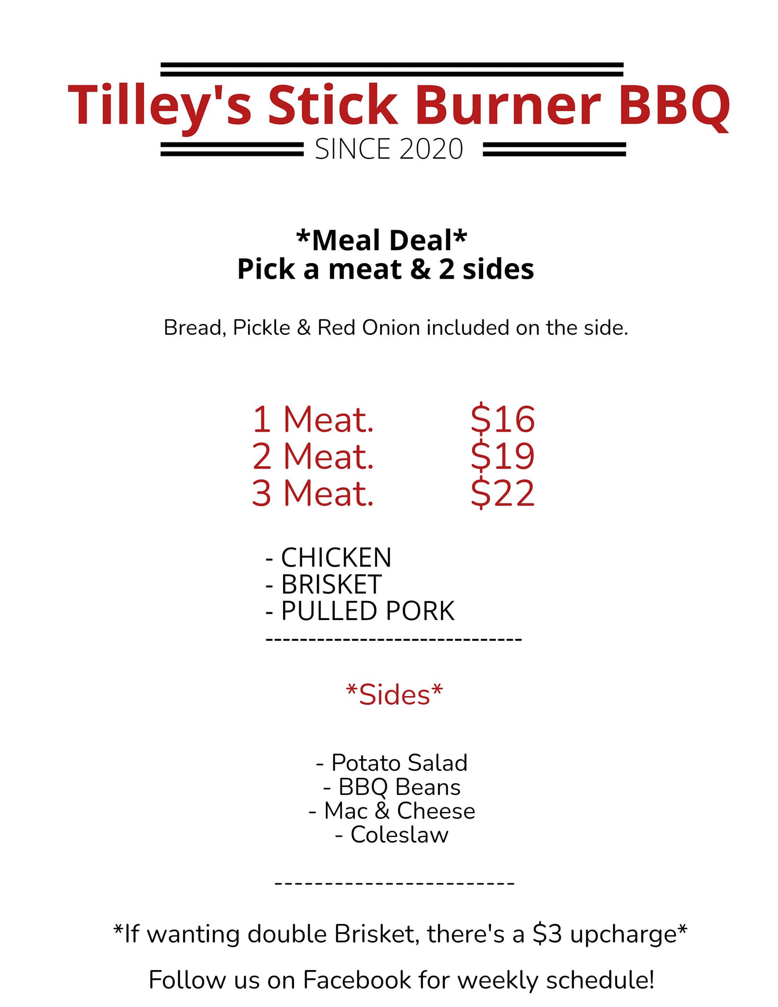 Tilley's Stick Burner BBQ Menu