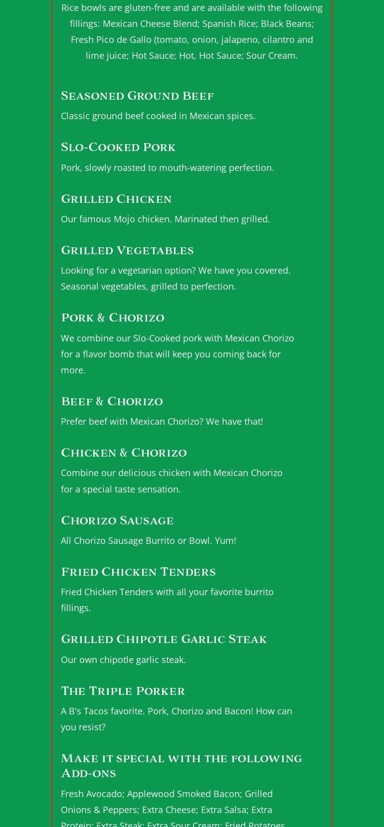 B’s Tacos & More Menu