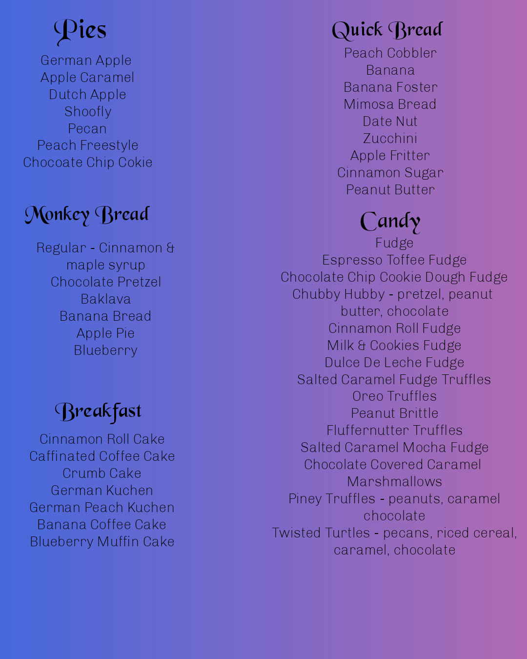 Sugar Plum Fairy Bakery Menu