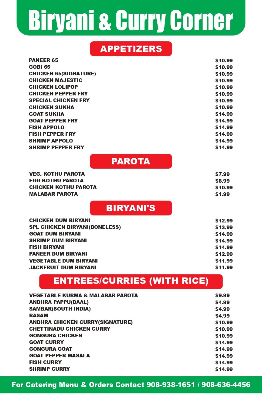 Biryani & Curry Corner Menu