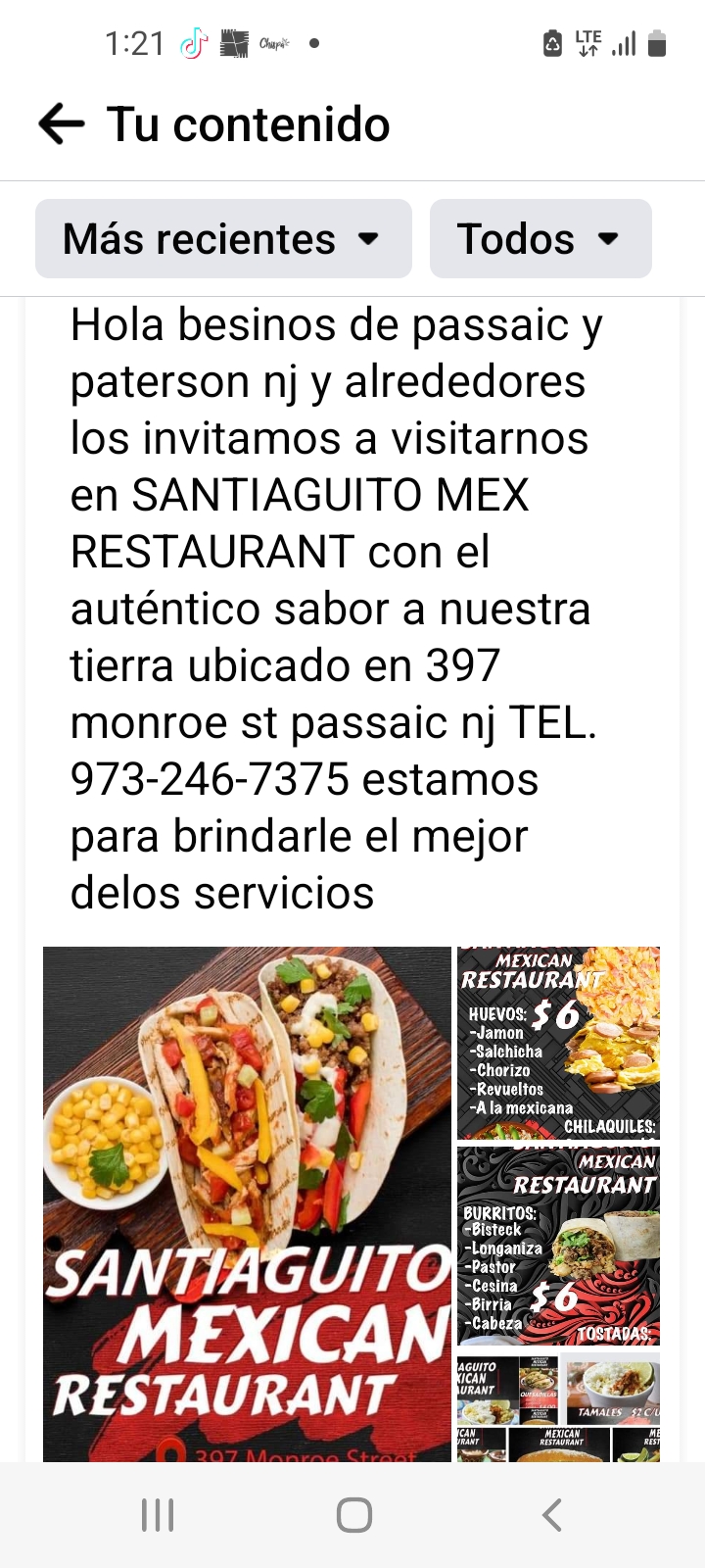 Santiaguito mex restaurant Menu