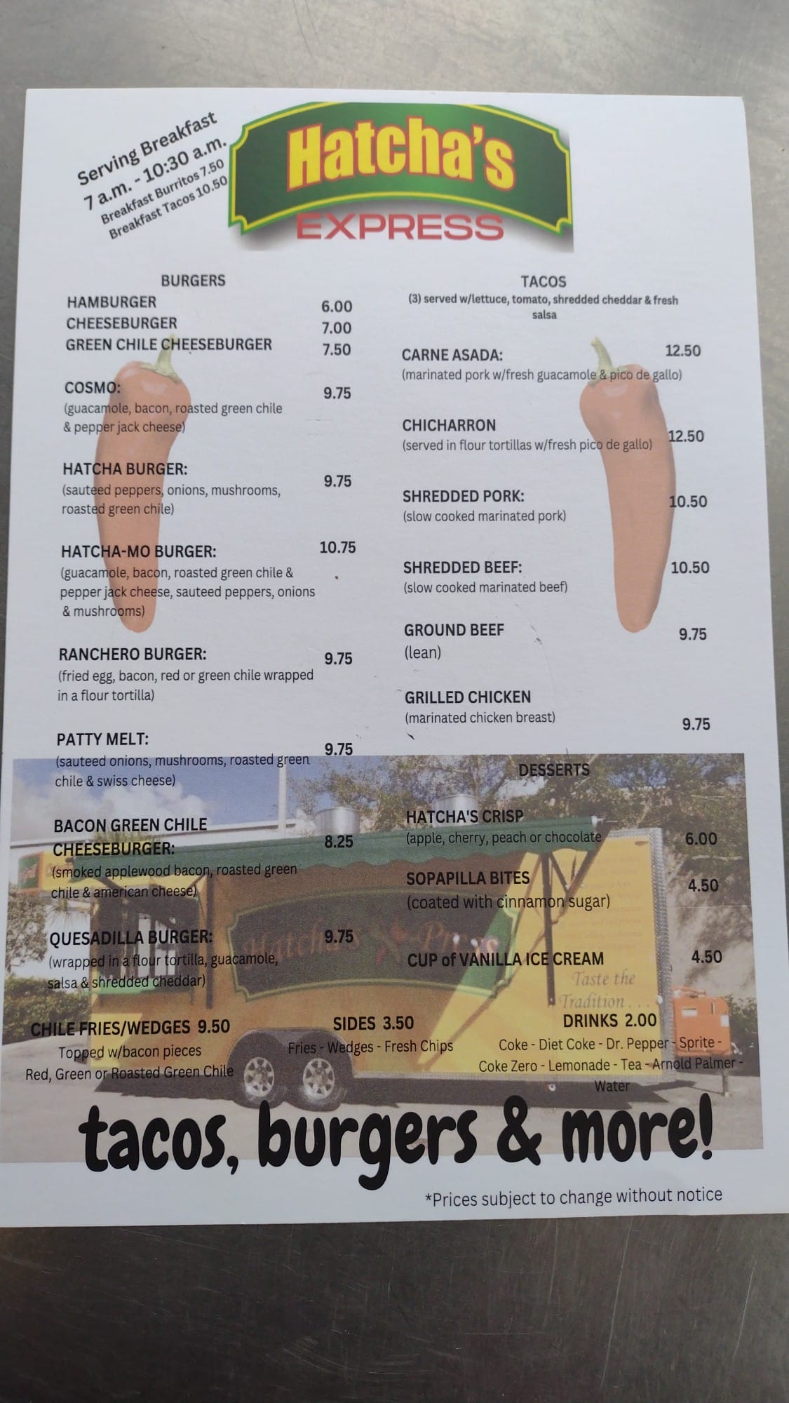 Hatcha's Express Menu