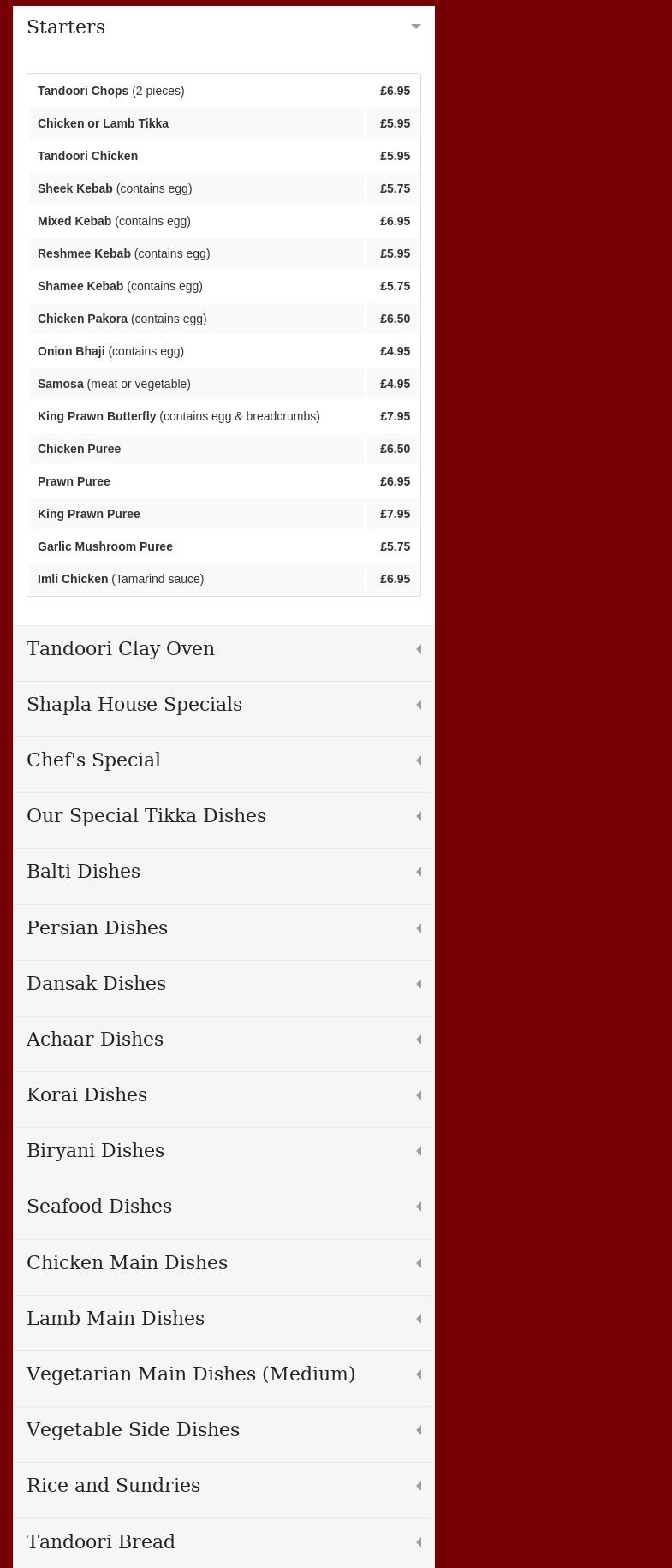 Shapla Tandoori Menu