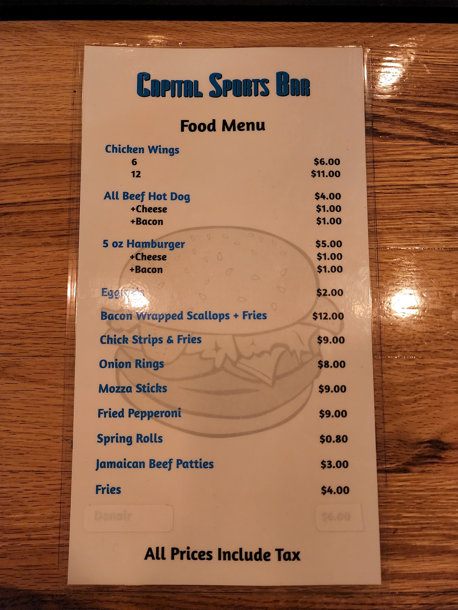 Capital Sports Club Menu