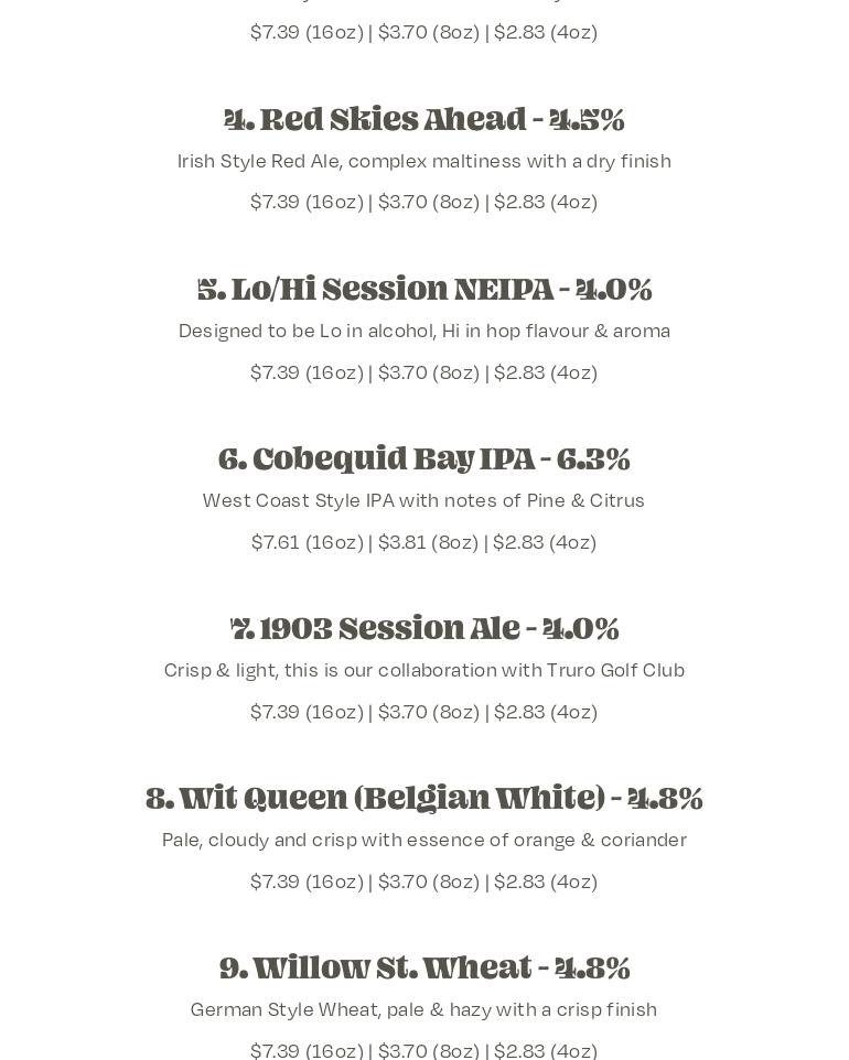 Truro Brewing Company Menu