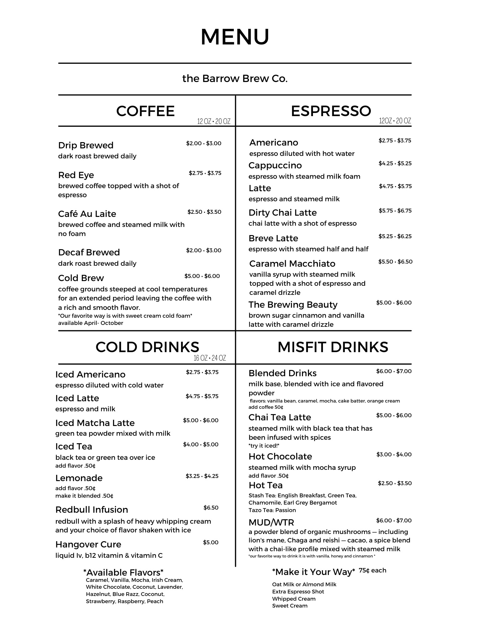 The Barrow Brew Co. Menu