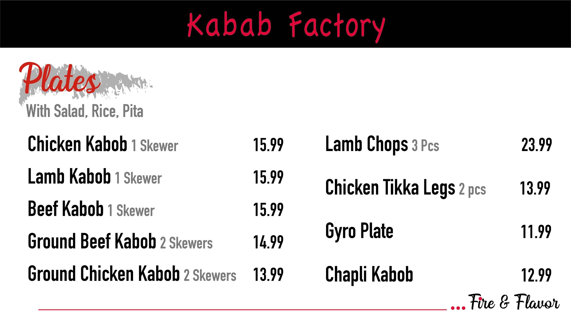Kabab Factory Menu