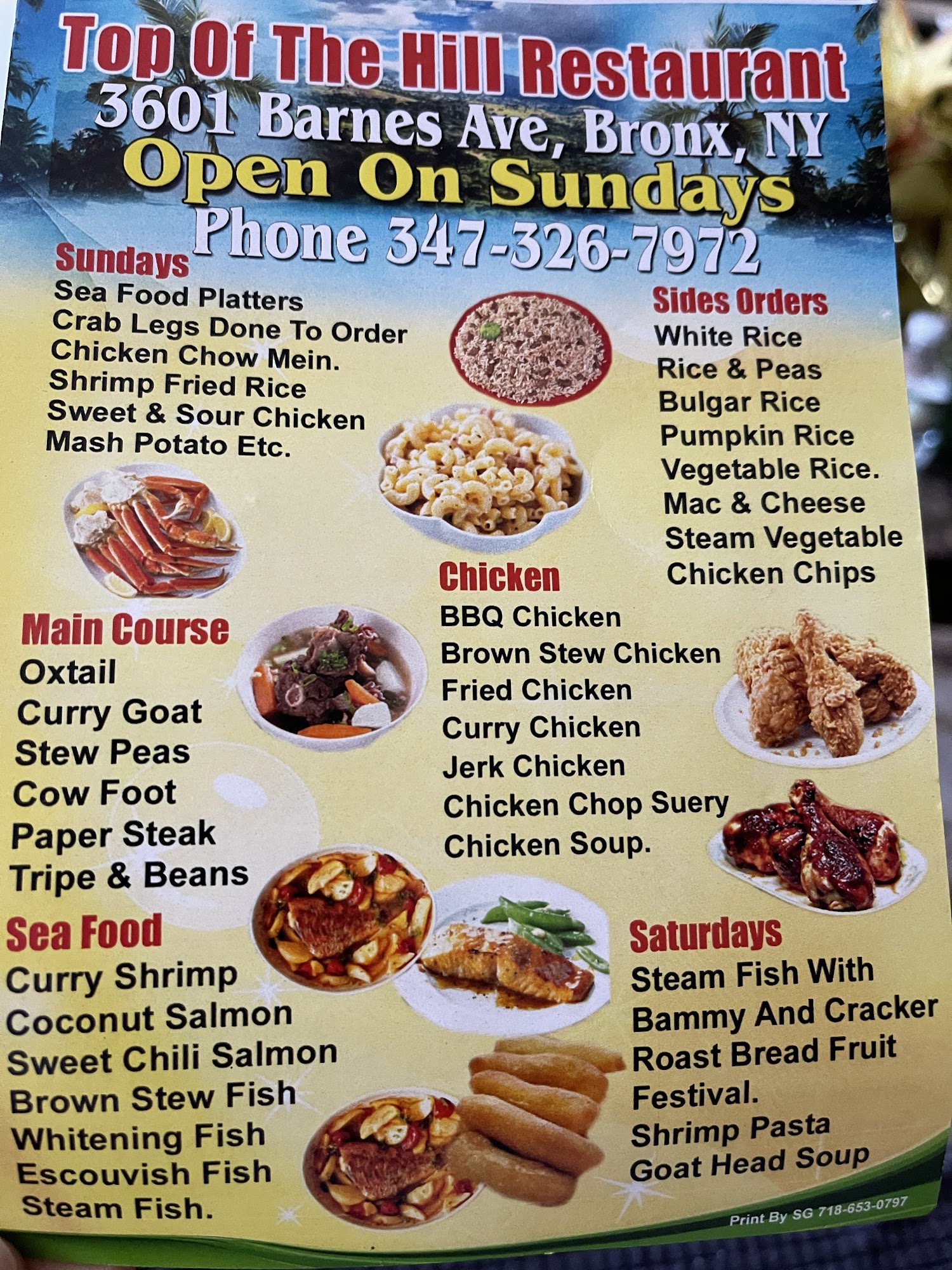 Top of the Hill Cuisine Inc. Menu