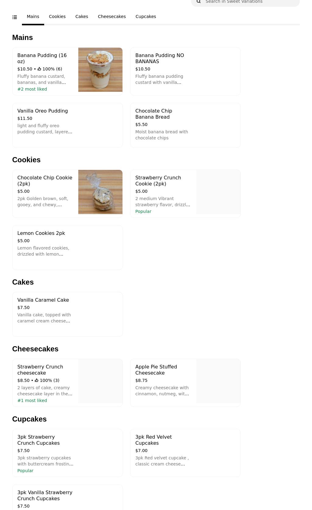 Sweet Variations Menu