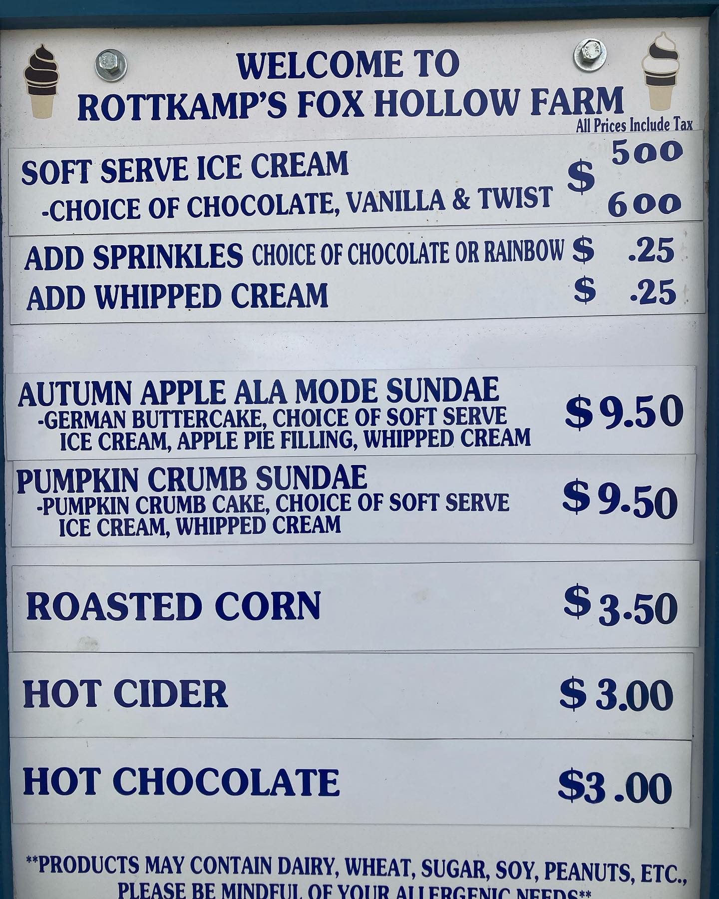 Rottkamp’s Ice Cream and Treats Menu