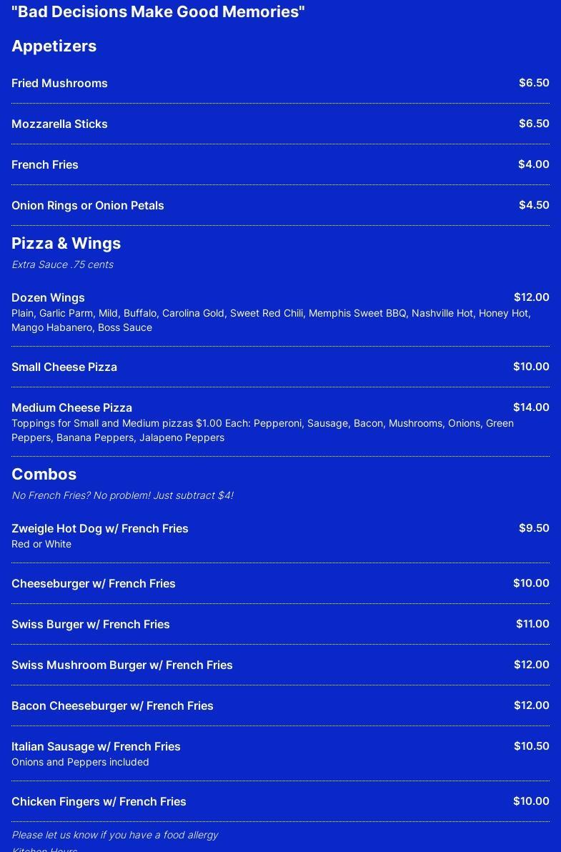 Reason's Bar & Grill Menu