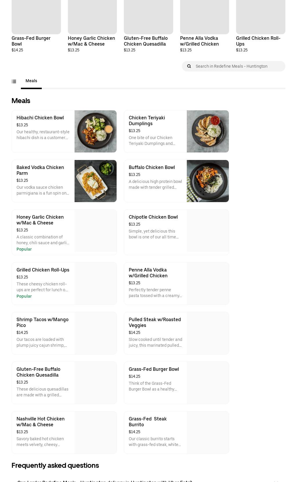 Redefine Meals Menu