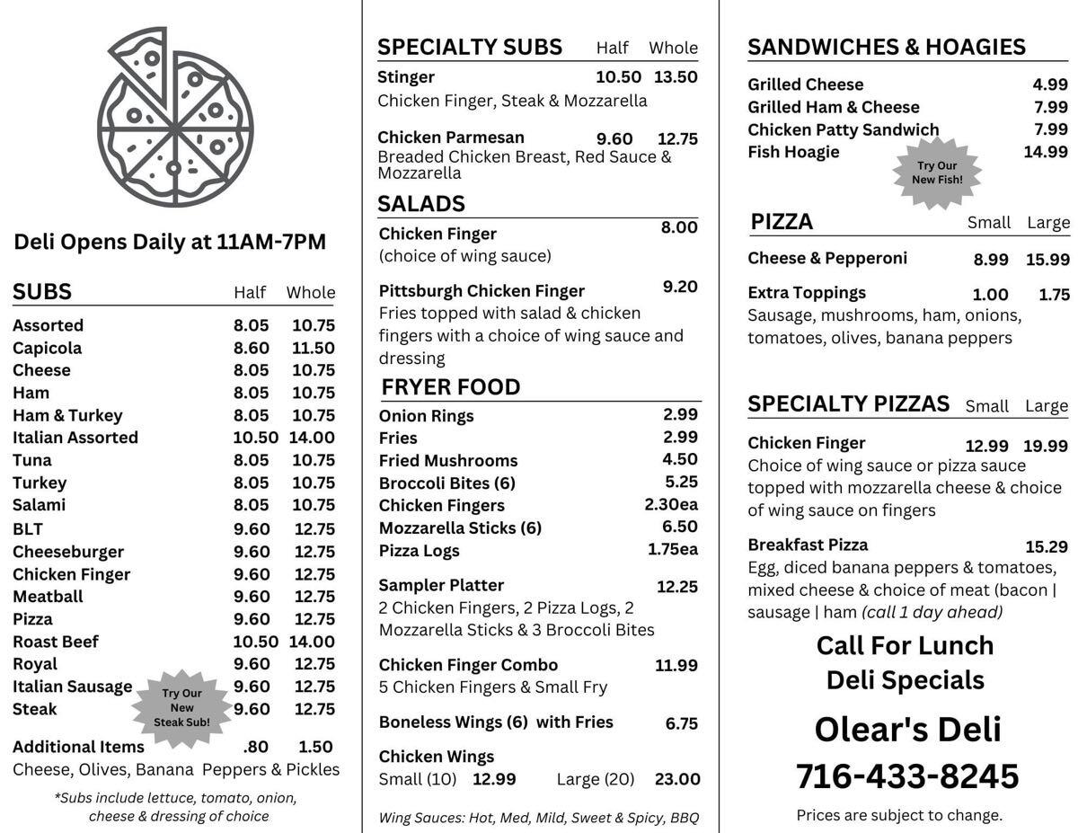 Olear's Deli & Ice Cream Menu