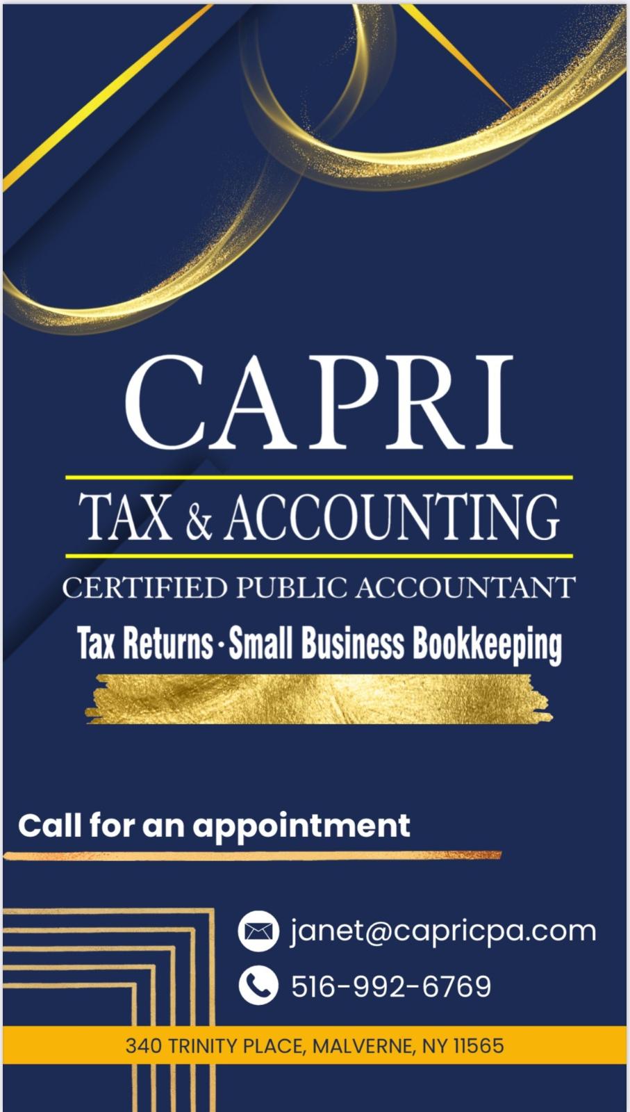 Capri Tax & Accounting Services 340 Trinity Pl, Malverne New York 11565
