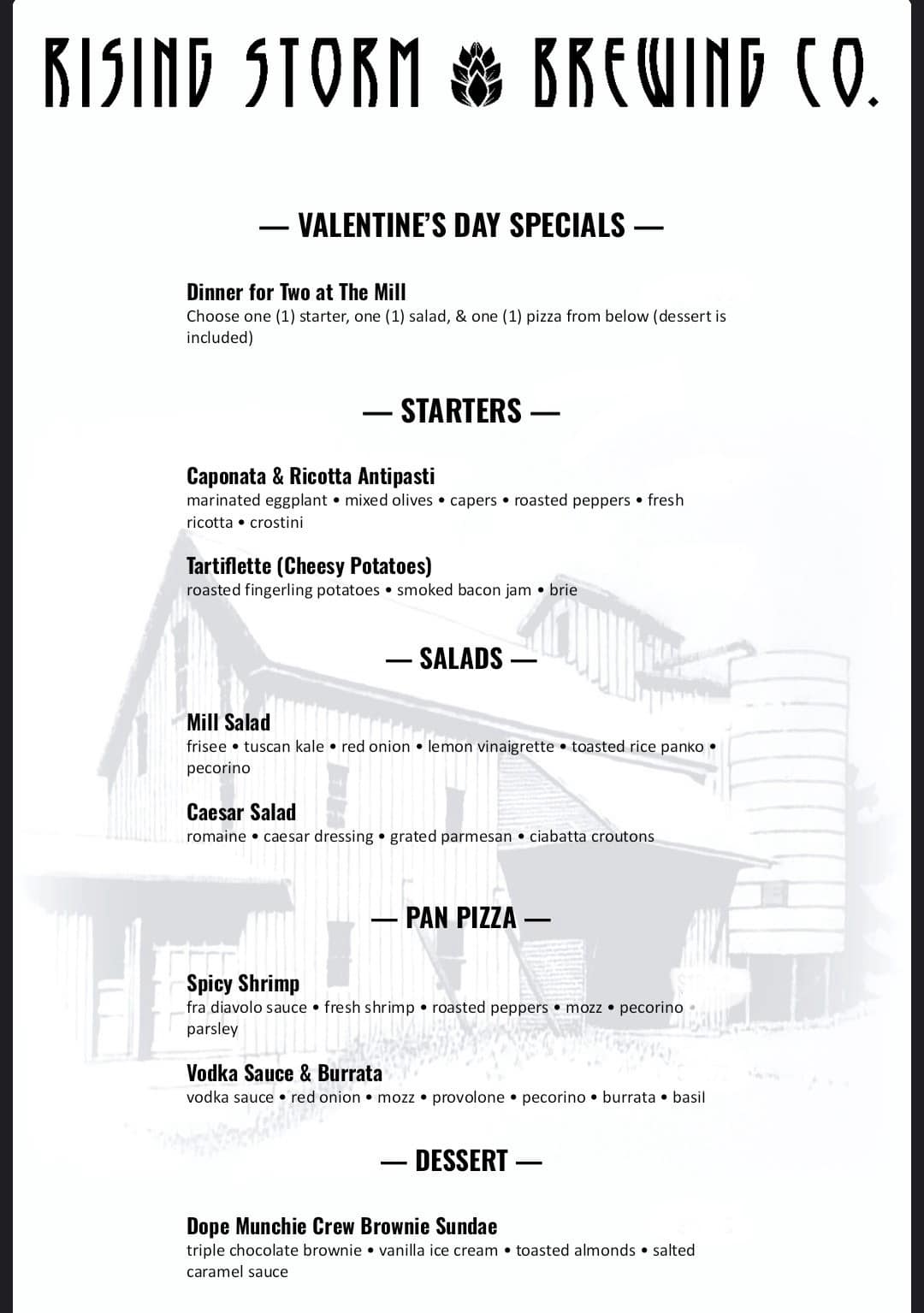 Rising Storm Brewing Company at The Mill Menu