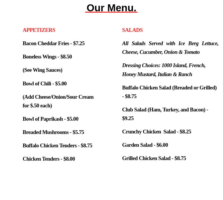 Headquarters Bar and Grill Menu