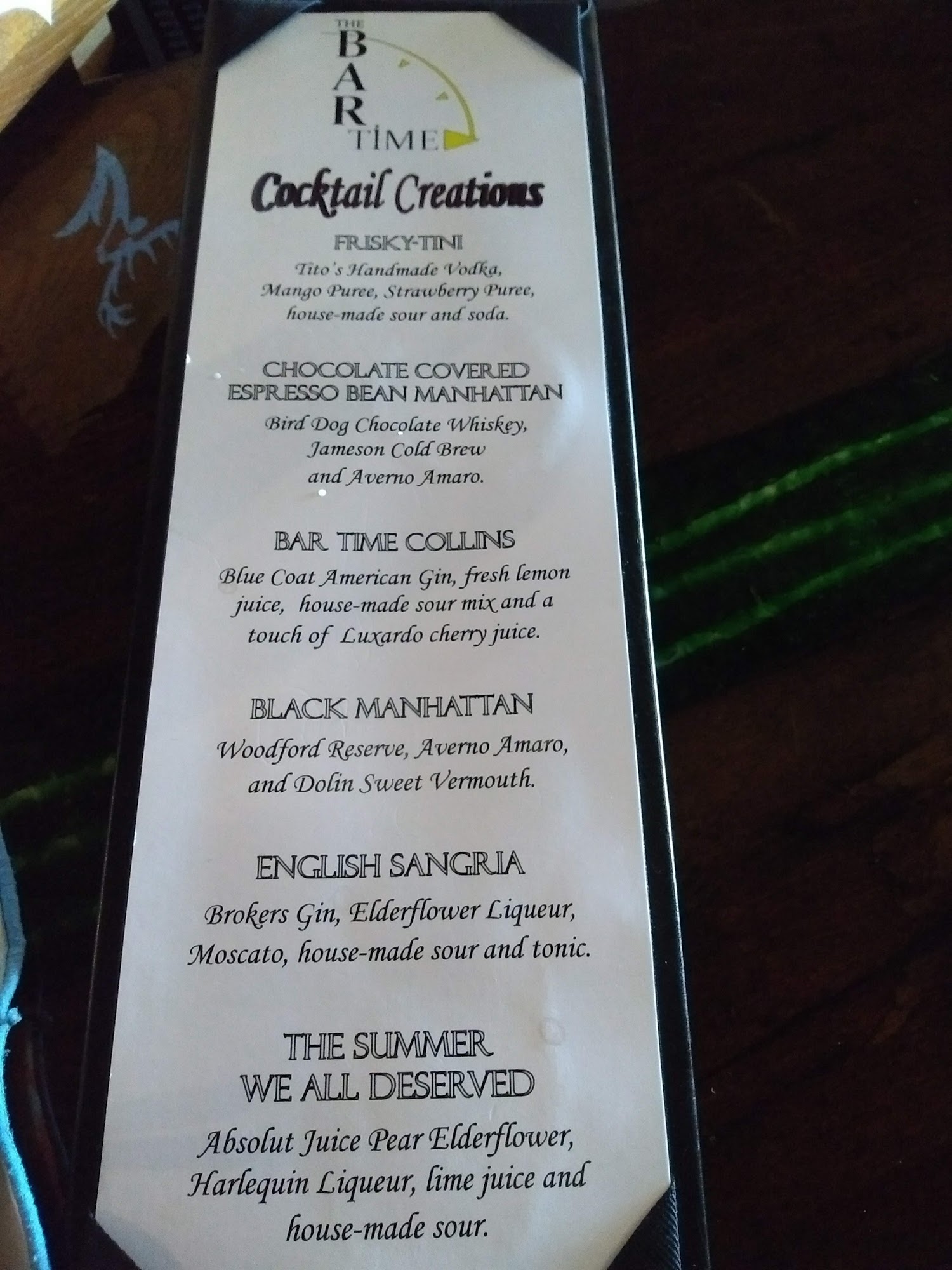 The Bar Time Menu