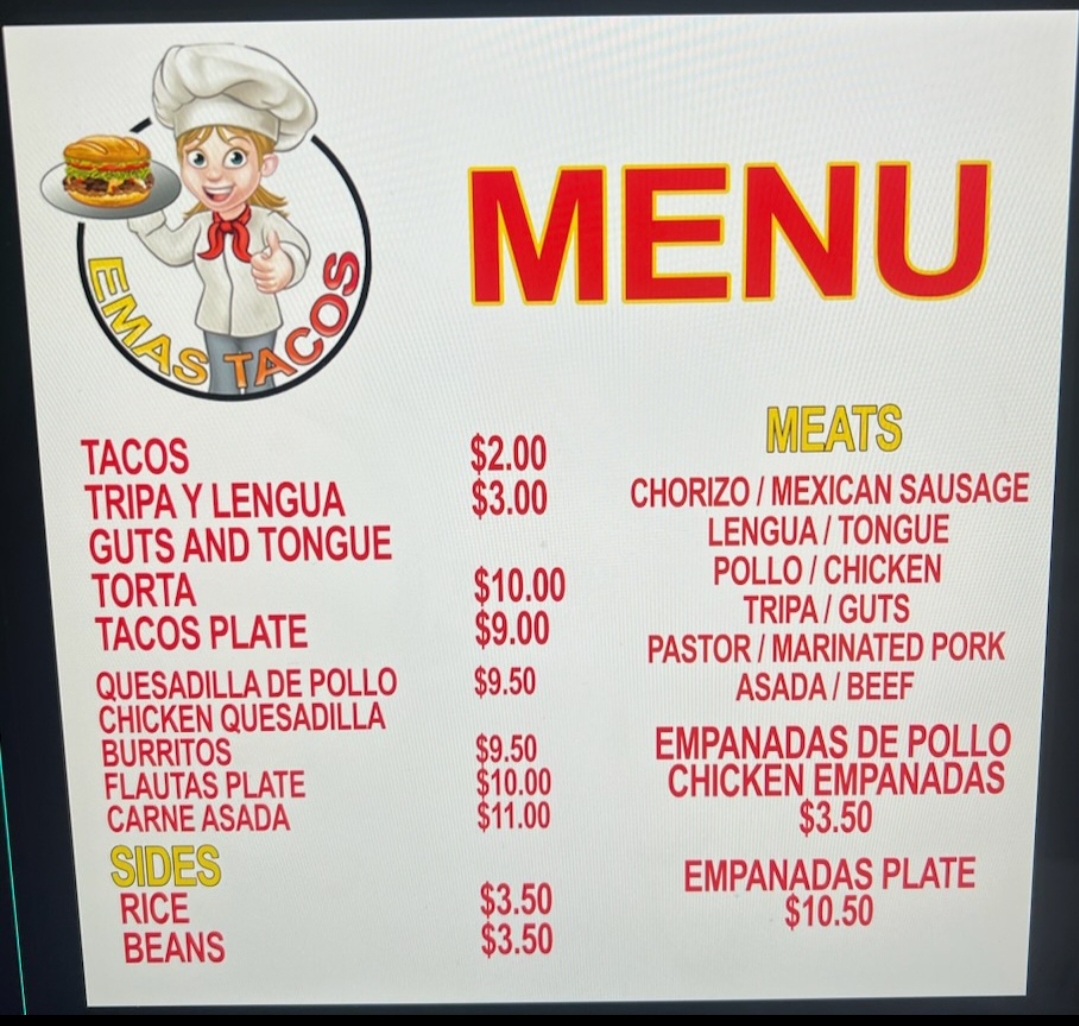 Emas tacos Menu