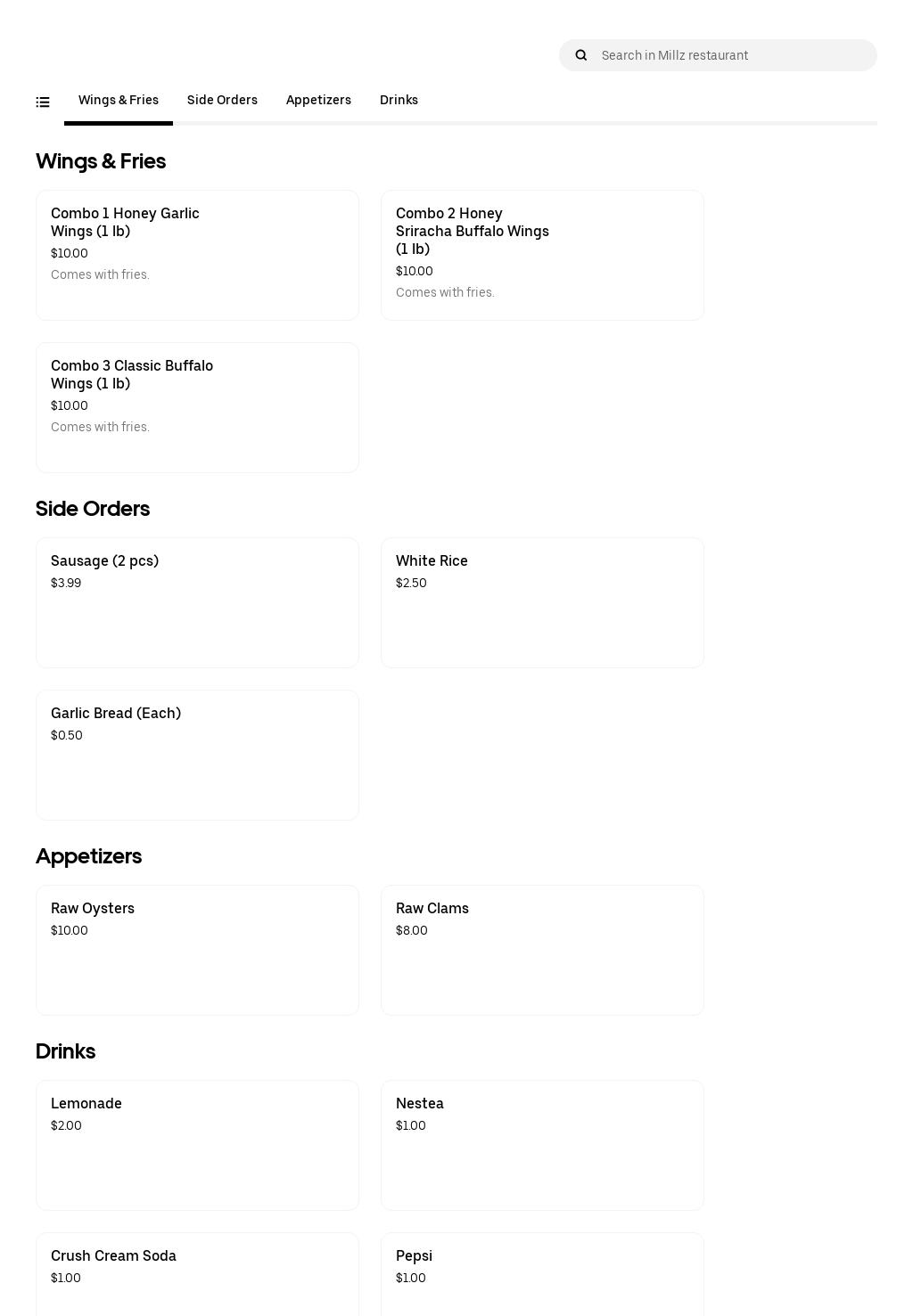 Millz Restaurant Menu