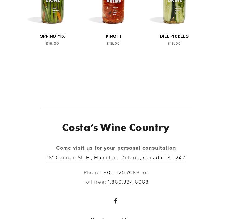 Costa's Wine Country Inc. Menu