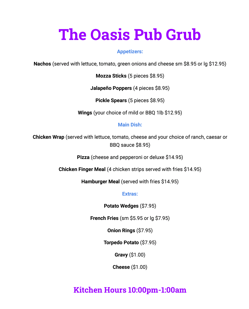 Girard Oasis Hotel Limited Menu